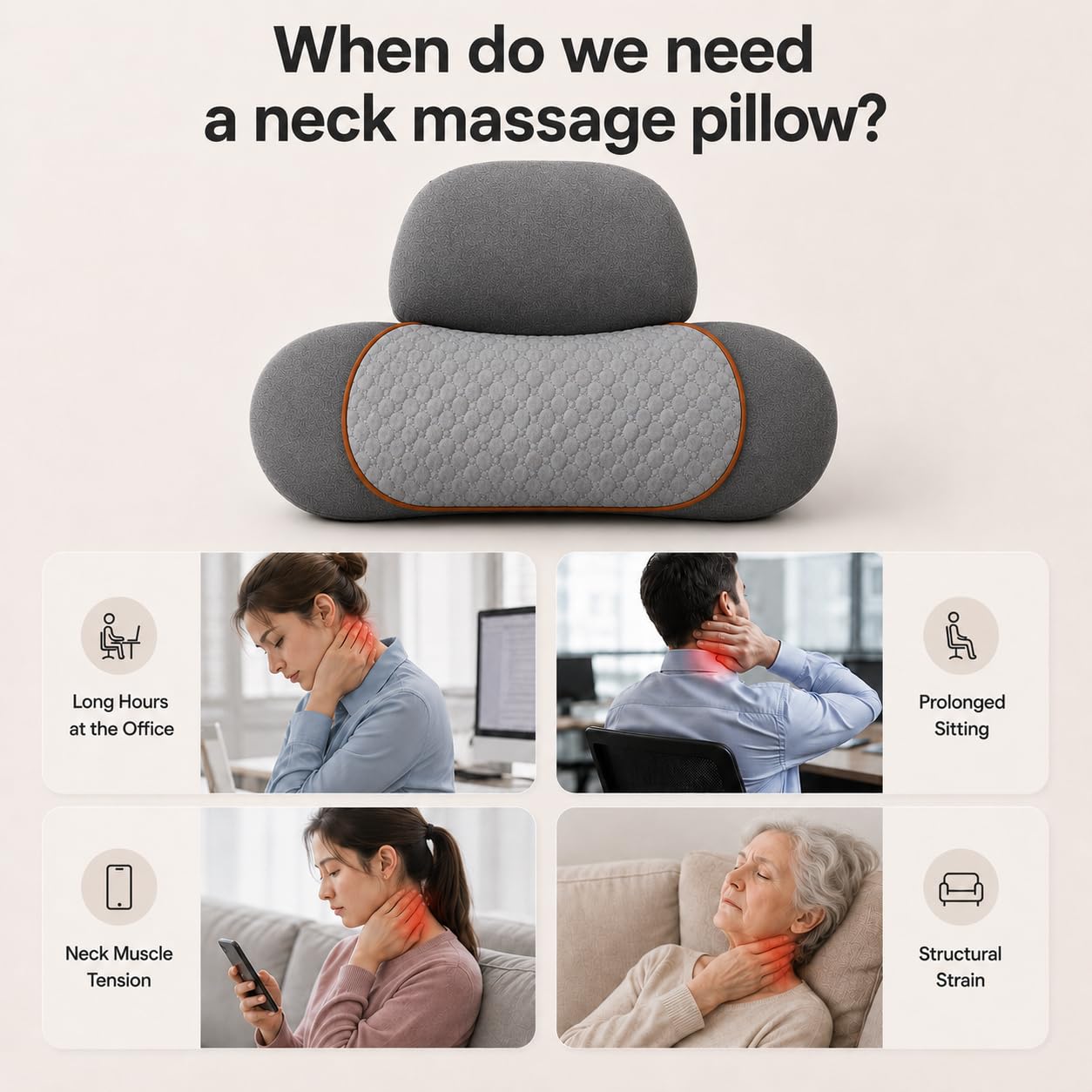 3 in 1 Heated Neck Massage Pillows with Heat for Pain Relief Deep Tissue, Rechargeable Cervical Neck Hump Corrector, Wireless Pillow Supports (No Washable Cover)