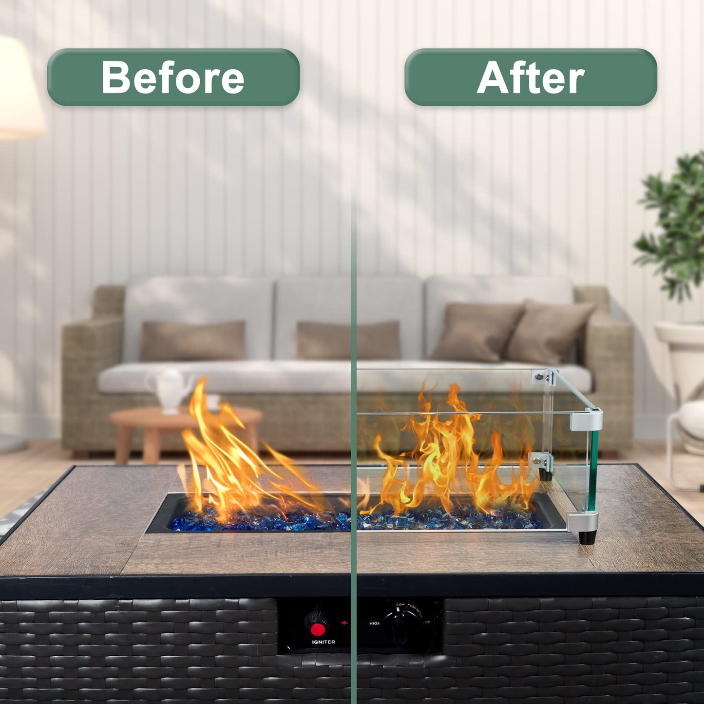 GASPRO 17.5" x 17.5"x 17.5" Square Fire Pit Glass Wind Guard for Square Fire Pit Table, 5/16inch Thickness, Clear Tempered Glass Panel with Hard Aluminum Corner Bracket & Rubber Feet