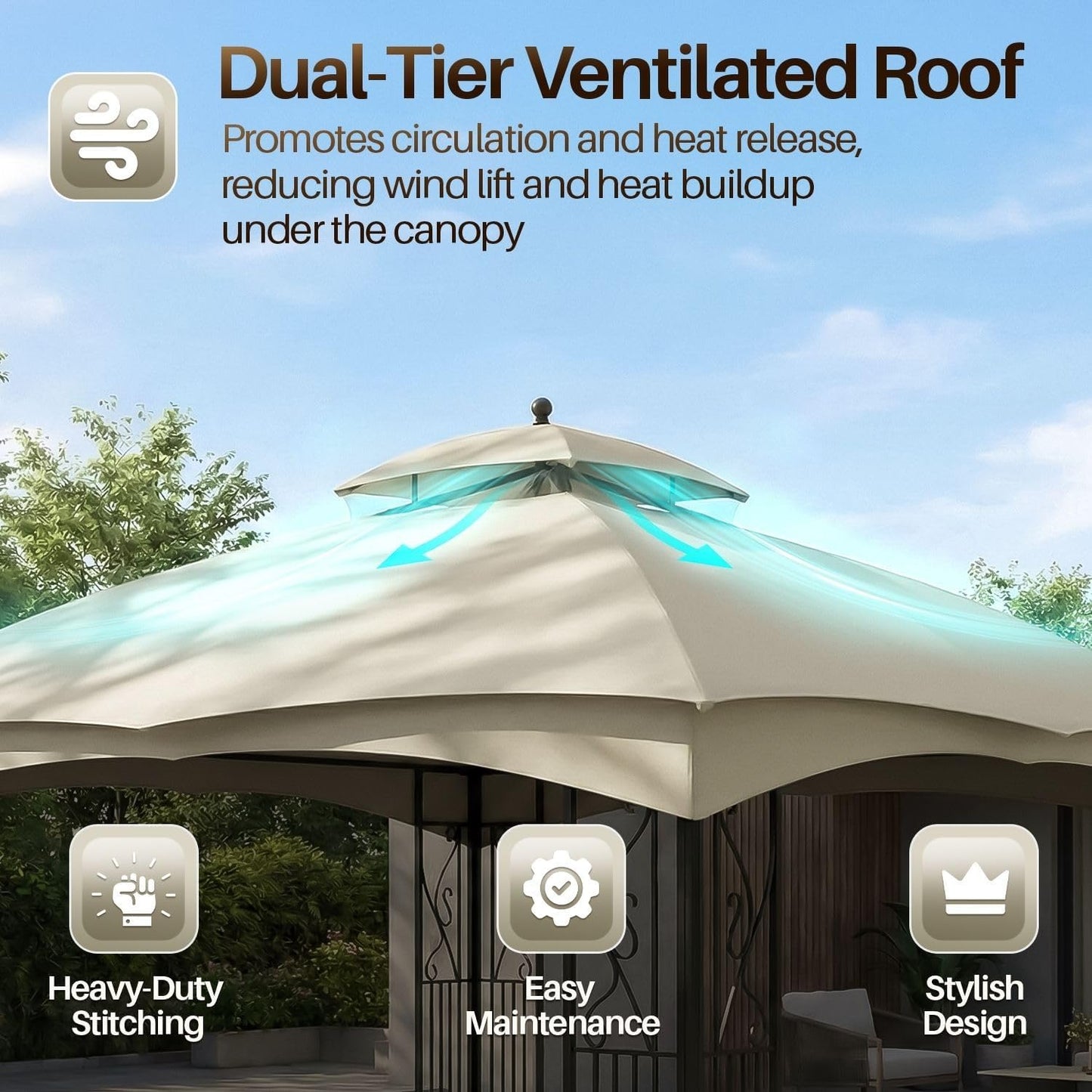 Flexzion Gazebo Cover Replacement Canopy Top 10x10 Ft (3m x 3m) - Double Tier Top Canopy Cover Replacement with UV30+, Dirt, Water Resistant for Outdoor, Sunshade, Garden, Patio, Pavilion (Ivory)