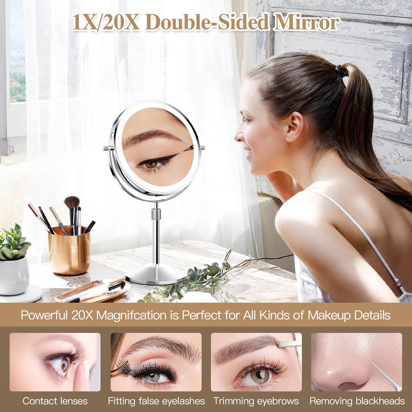 BTremary 20X Make Up Mirror with Lighting Adjustable Height, 8” Magnifying Mirror with Lights, 2500mAh Illuminated Makeup Mirror 360 Rotation Light Up Mirror for Detail Makeup in Bathroom/Bedroom.