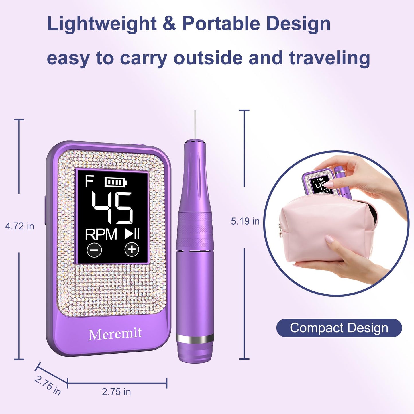 Professional Nail Drill Cordless 45000 RPM, Meremit Electric Nail File with Diamond Decoration, 12Pcs Drill Bits, Large LCD Screen, Rechargeable Electric Nail Machine Drill for Acrylic Gel Nail Polish