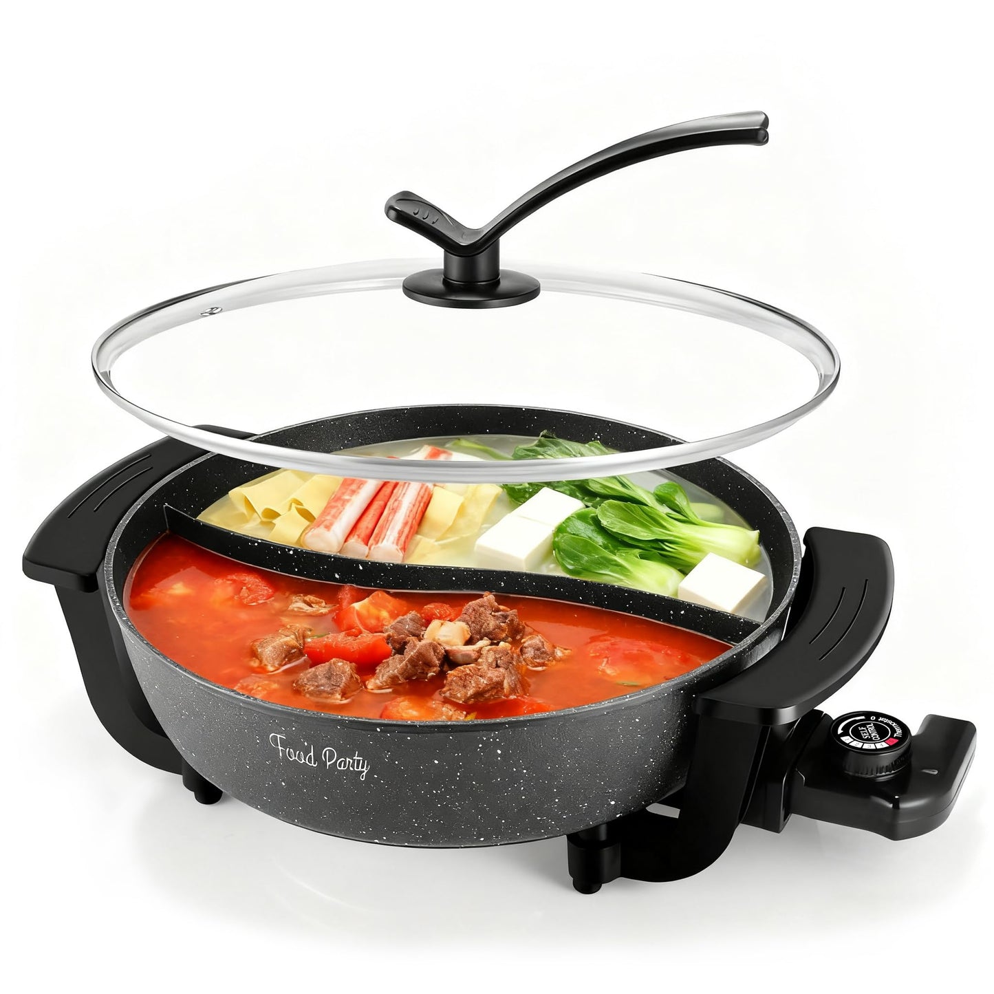 Food Party Hot Pot Electric Hotpot with Divider Shabu Shabu Hot Pot Non-Stick 6-Quart Large Chinese Pot Korean