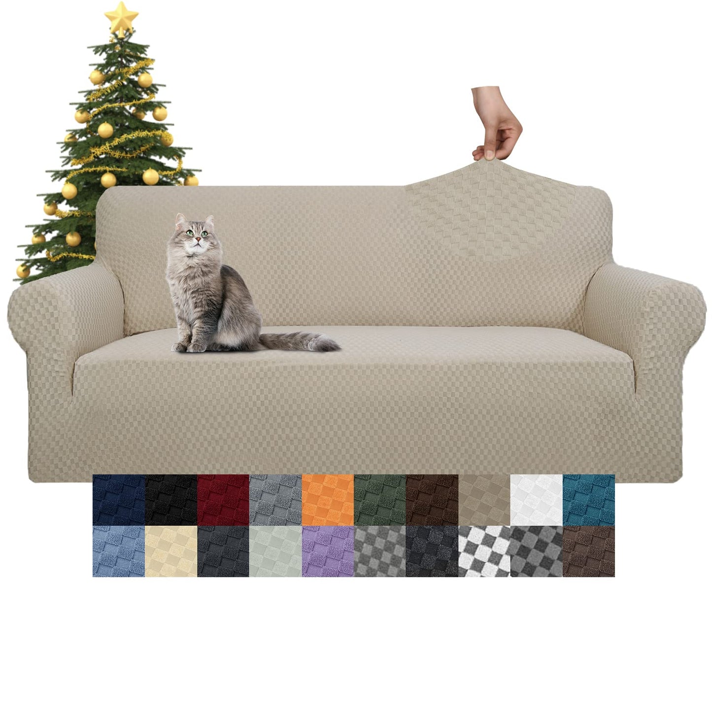 YEMYHOM Couch Cover Latest Jacquard Design High Stretch Sofa Covers for 3 Cushion Couch, Pet Dog Cat Proof Slipcover Non Slip Magic Elastic Furniture Protector (Large, Khaki)
