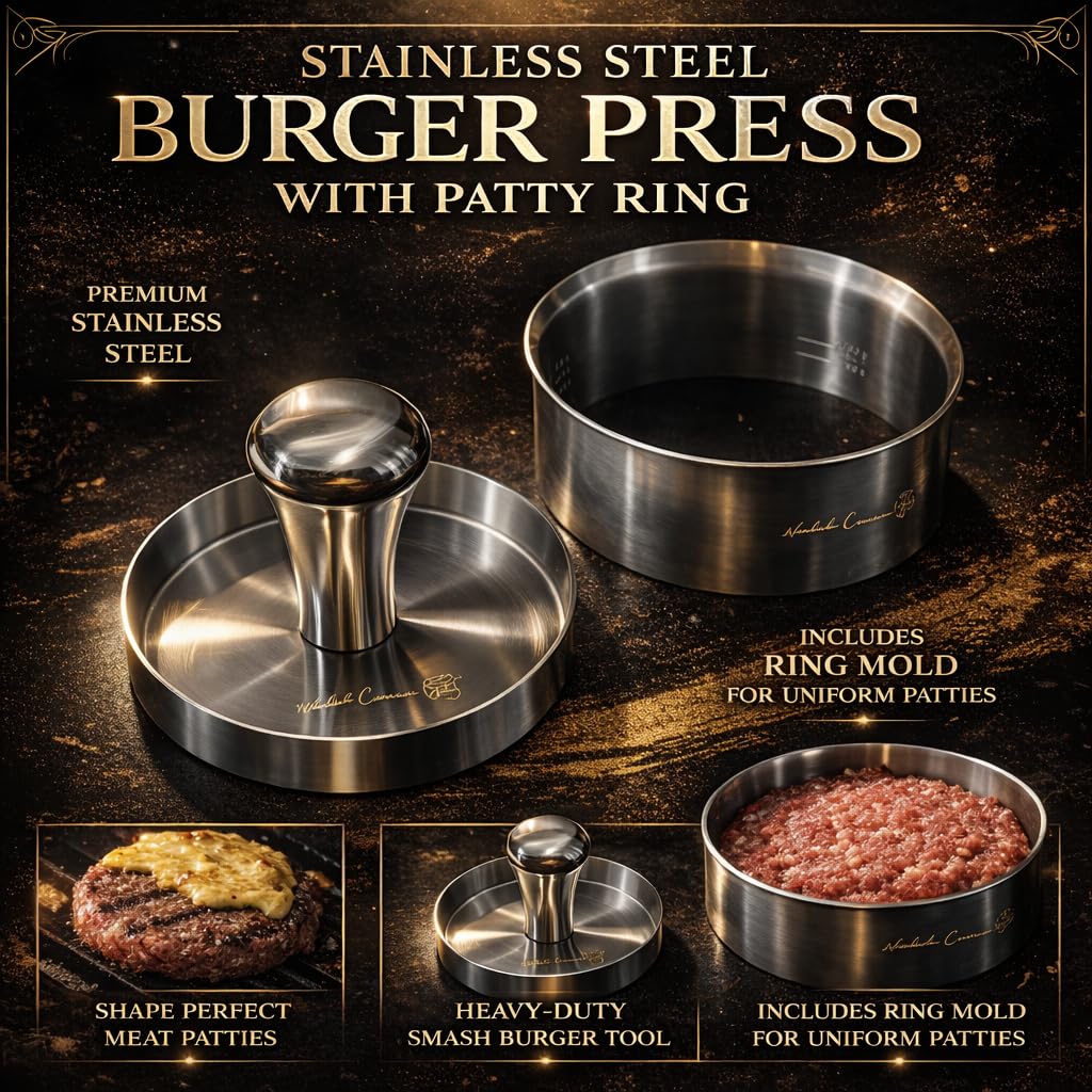 Stainless Steel Burger Press & Meat Patty Maker, Heavy Duty One-Piece Design, Non-Stick Round Hamburger Press for Beef, Turkey & Veggie Patties