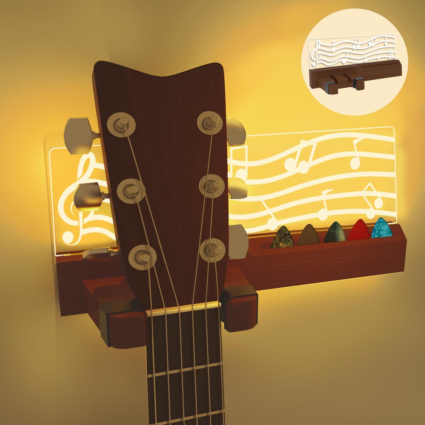 YuanDian Light Up Guitar Wall Mount with Pick Holder, LED Wooden Guitar Hanger USB Powered for Acoustic, Electric, Bass, Ukulele, Mandolin Display and Storage,Gifts for Guitar Players Men