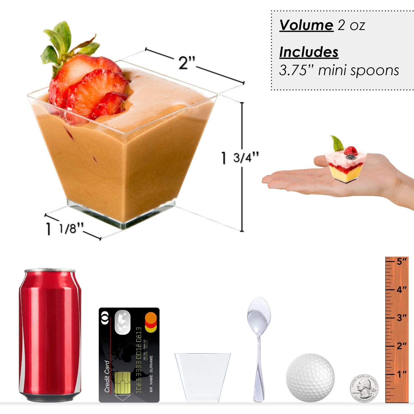 DLux 100 x 2 oz Mini Dessert Cups with Spoons, Square Short - Clear Plastic Parfait Appetizer Cup - Small Reusable Serving Bowl for Tasting Party Desserts Appetizers - with Recipe Ebook