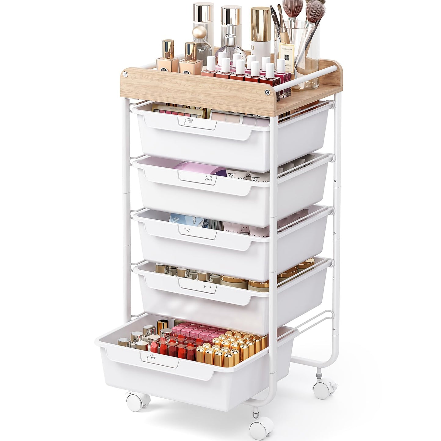SYKIARIOL Rolling-Utility-Storage-Drawer-Cart-Organizer with Handle and Wheels,5 Tier Storage Trolley, White