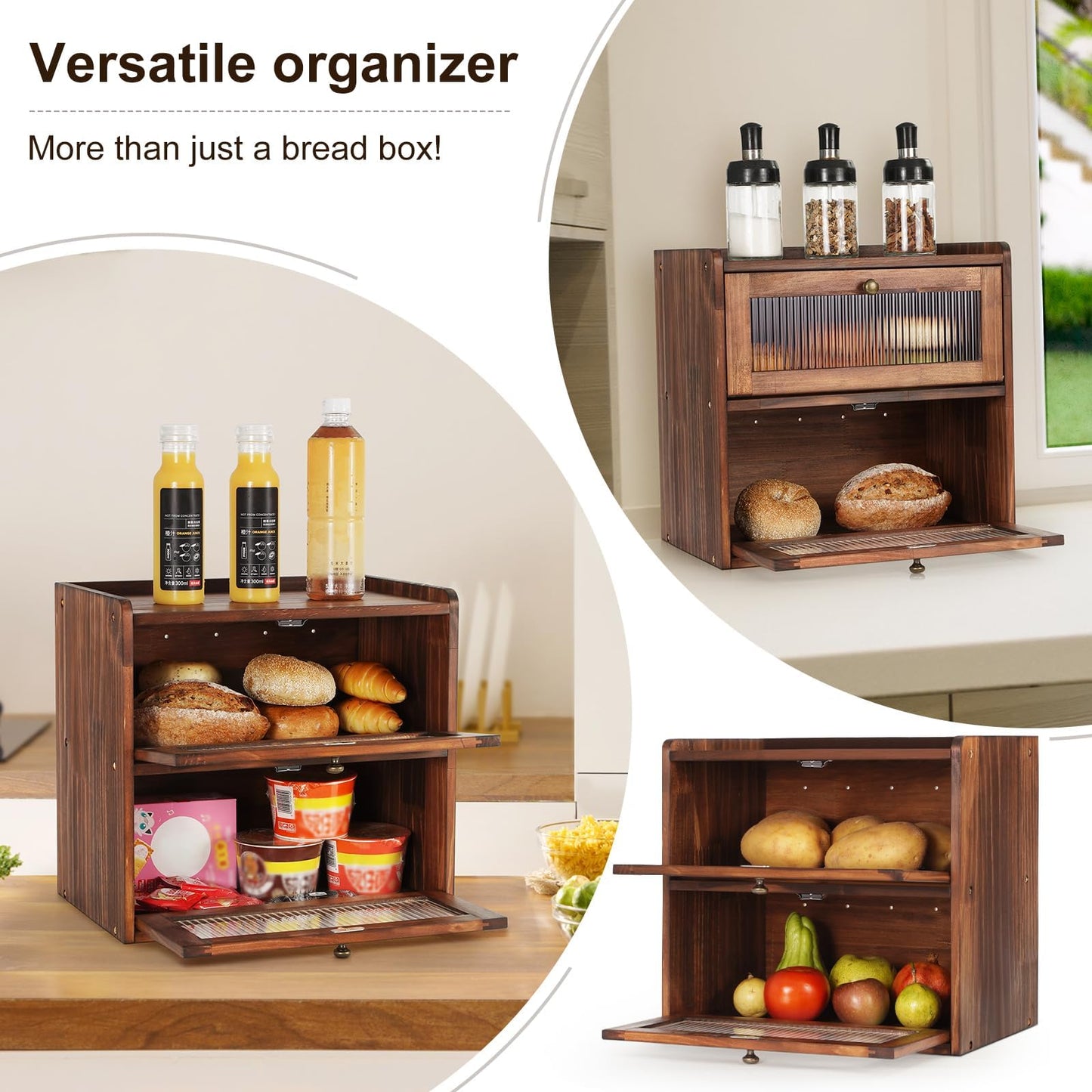 Ciilee Baby Bread Box for Kitchen Counter Large Capacity Bread Storage Container Wooden Breadbox Bin 2 Layer Bread Keeper Farmhouse Food Holder with Acrylic Door Easy to Assemble Boite a Pain(Brown)