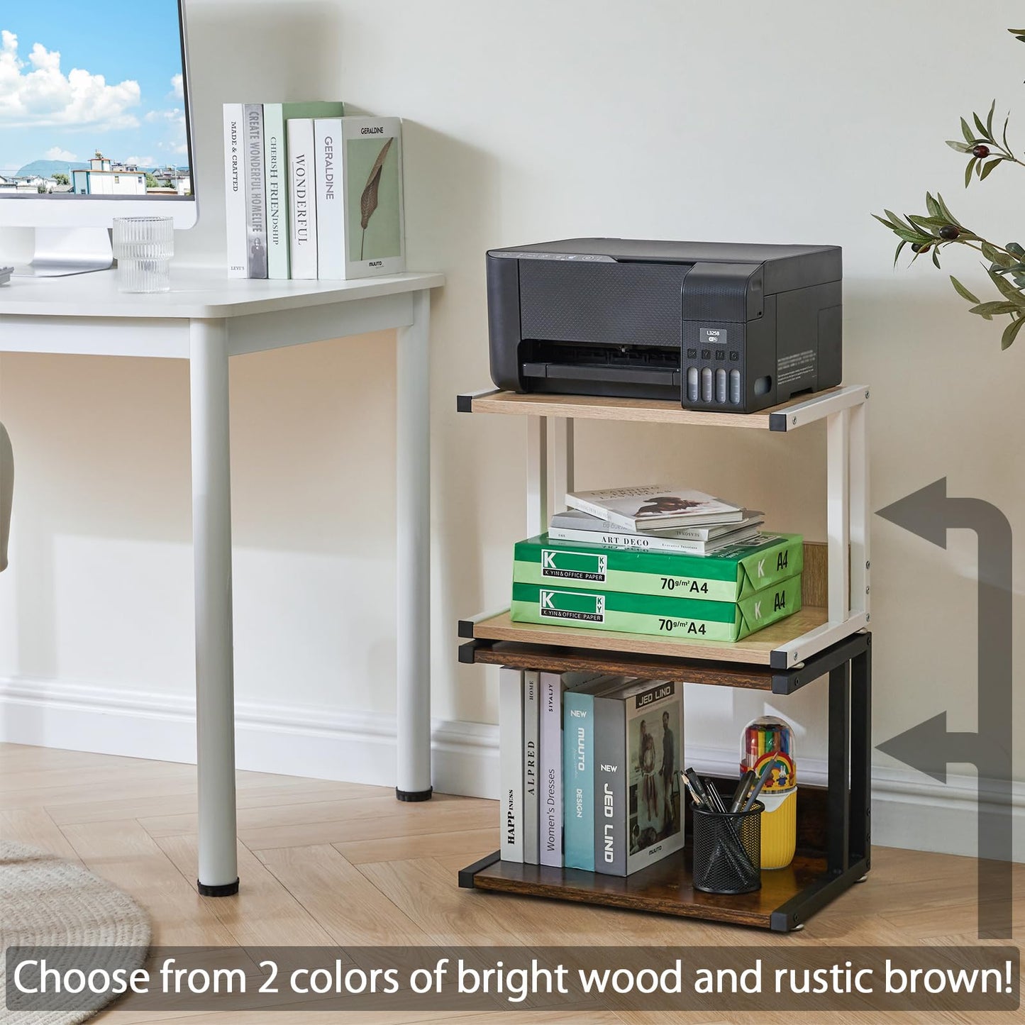 IBUYKE Under Desk Printer Stand,2 Tier Printer Cart,Mobile Home Desktop Organizer Shelf with 4 Wheels,for Fax, Home Office Use，Rustic Brown TLJ007H
