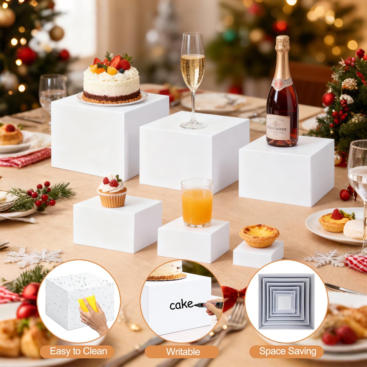 6 Pcs Buffet Risers, Acrylic Food Risers for Buffet Table, 6 Sizes (3x4x5x6x7x8 Inch) Display Stand Shelf for Party Catering Dessert Collectibles - Stackable Cube Boxes Display with Hollow Bottoms