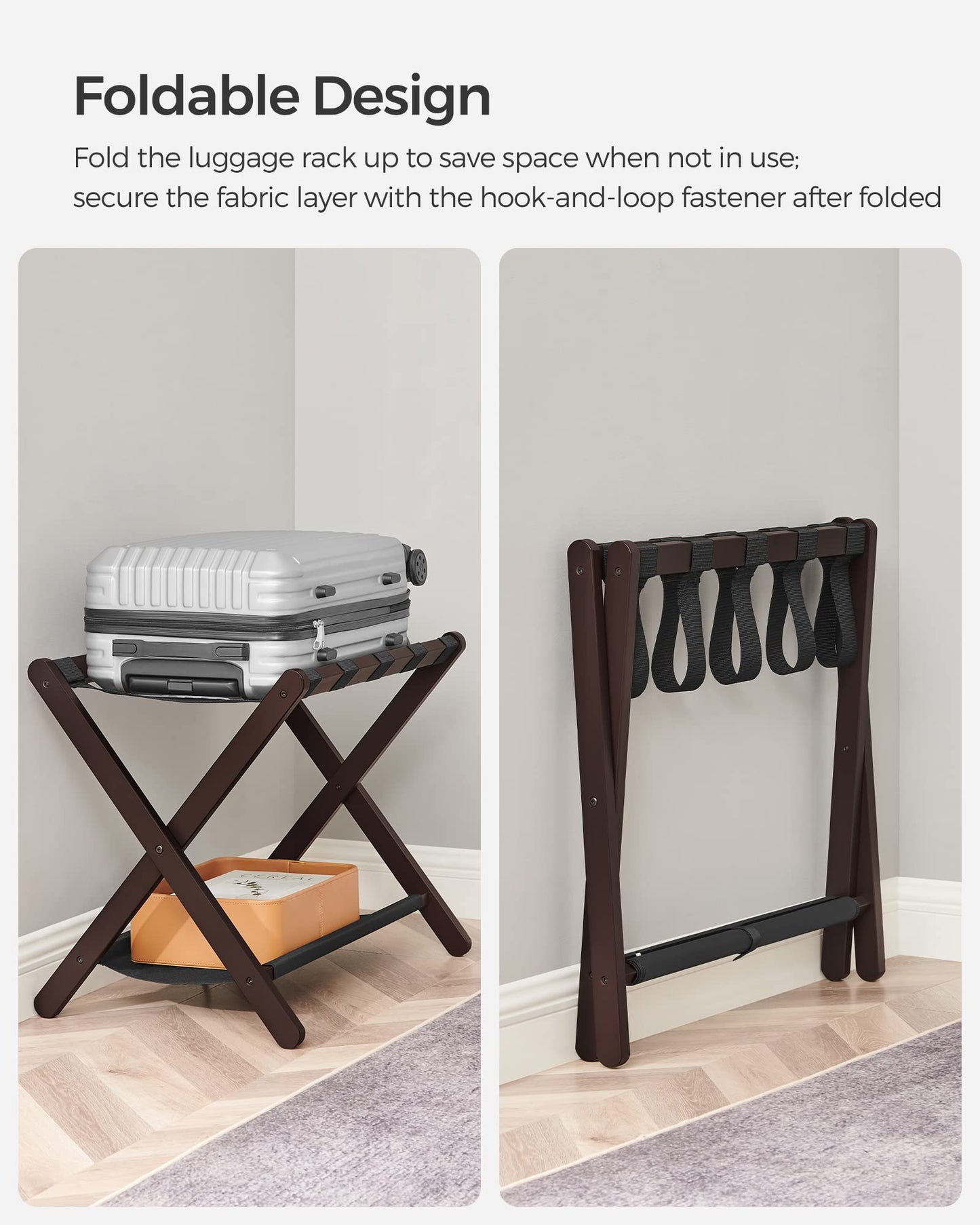 SONGMICS Luggage Rack, Bamboo Luggage Rack for Guest Room, Folding Suitcase Stand, for Hotel, Bedroom, Heavy-Duty, Holds up to 131 lb, Chestnut Brown URLR007R01