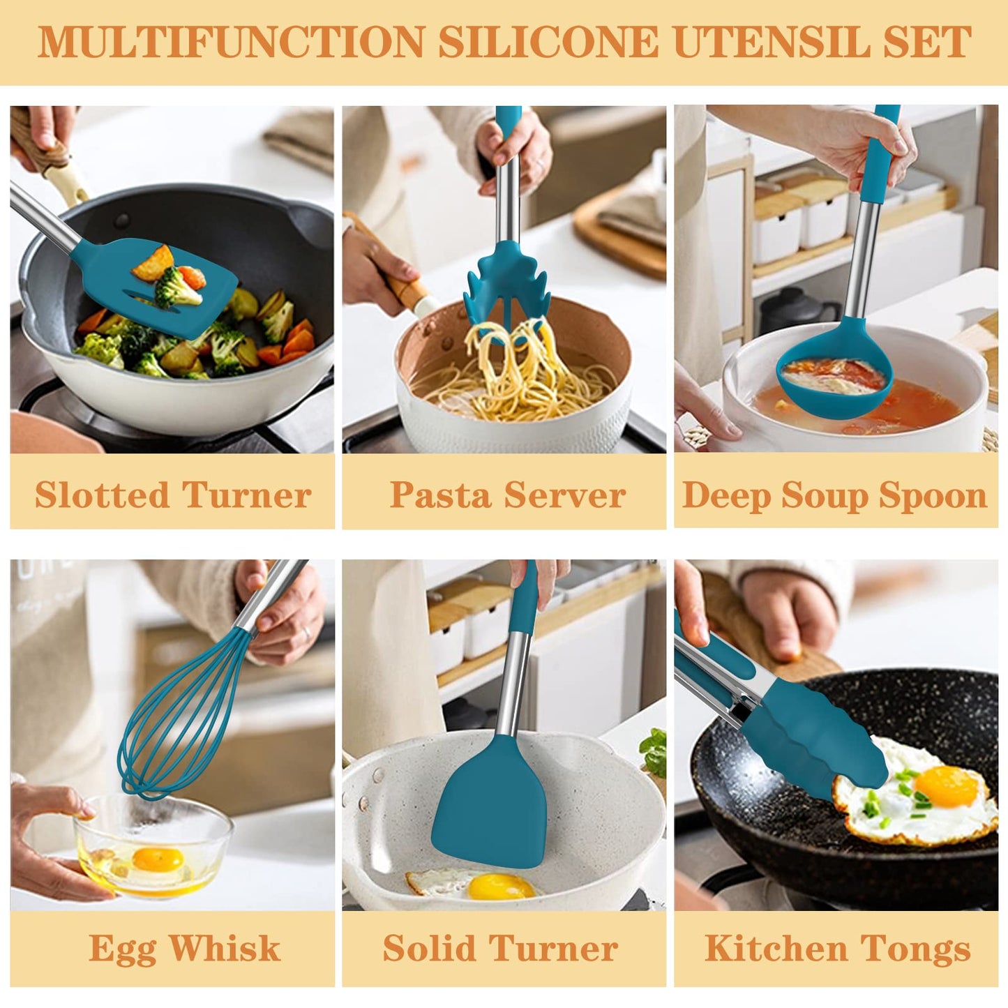 Silicone Cooking Utensil Set, Umite Chef 43 PCS Heat Resistant Kitchen Utensil Gadgets Set-Stainless Steel Handle- Kitchen Spatula Tools for Nonstick Cookware, Pots and Pans Accessories (Khaki)