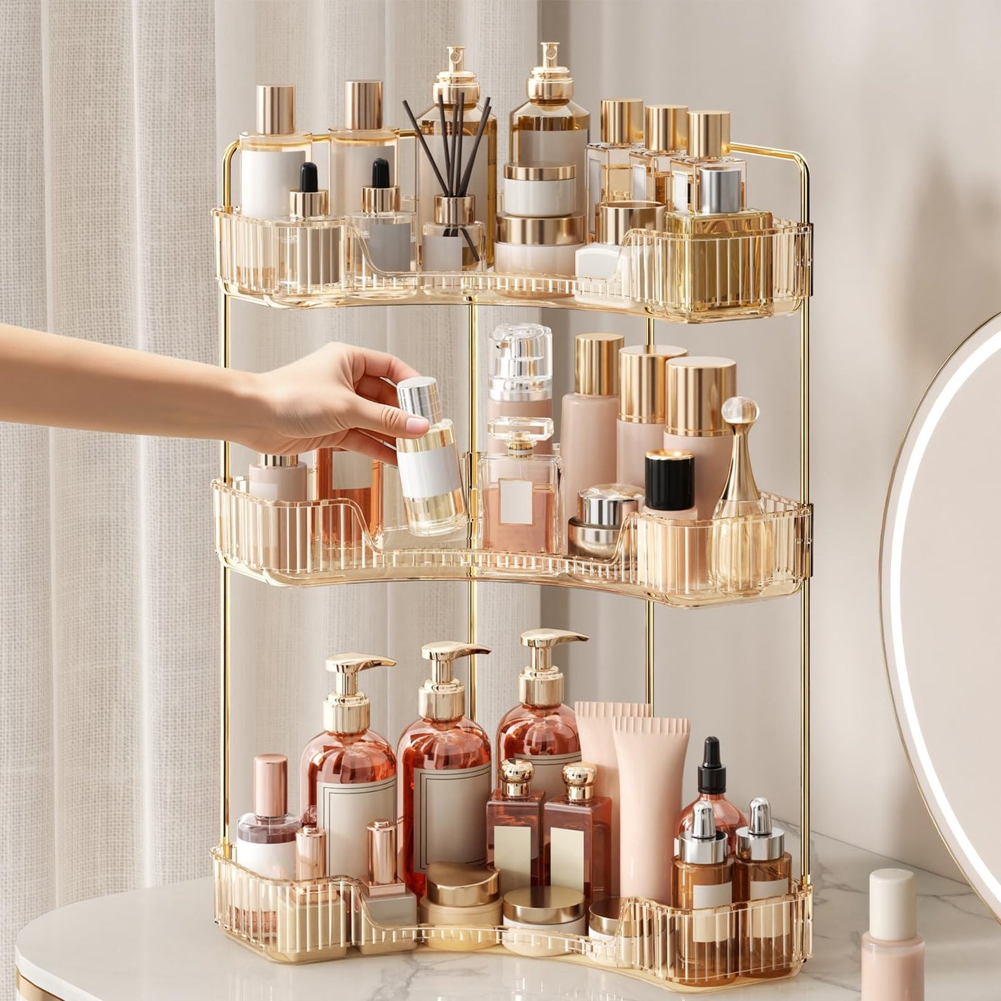 3-Tier Corner Bathroom Counter Organizer, Bathroom Countertop Tray & Vanity Organizer Tray with Non-Slip Surface for Makeup, Skincare, Perfume | Storage for Small Spaces, Bedroom, Dresser