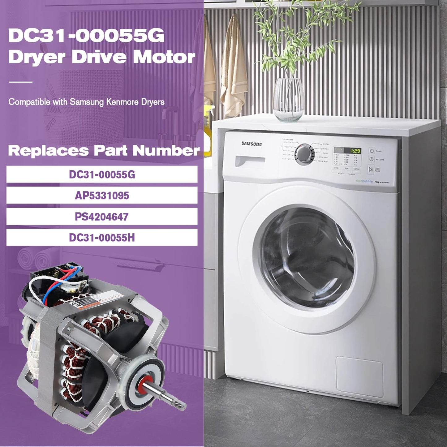 DC31-00055G Dryer Drive Motor Replacement Compatible with Samsung Kenmore Dryers DV210AEW DV48J7770EW, Replaces DC31-00055H AP5331095 PS4204647