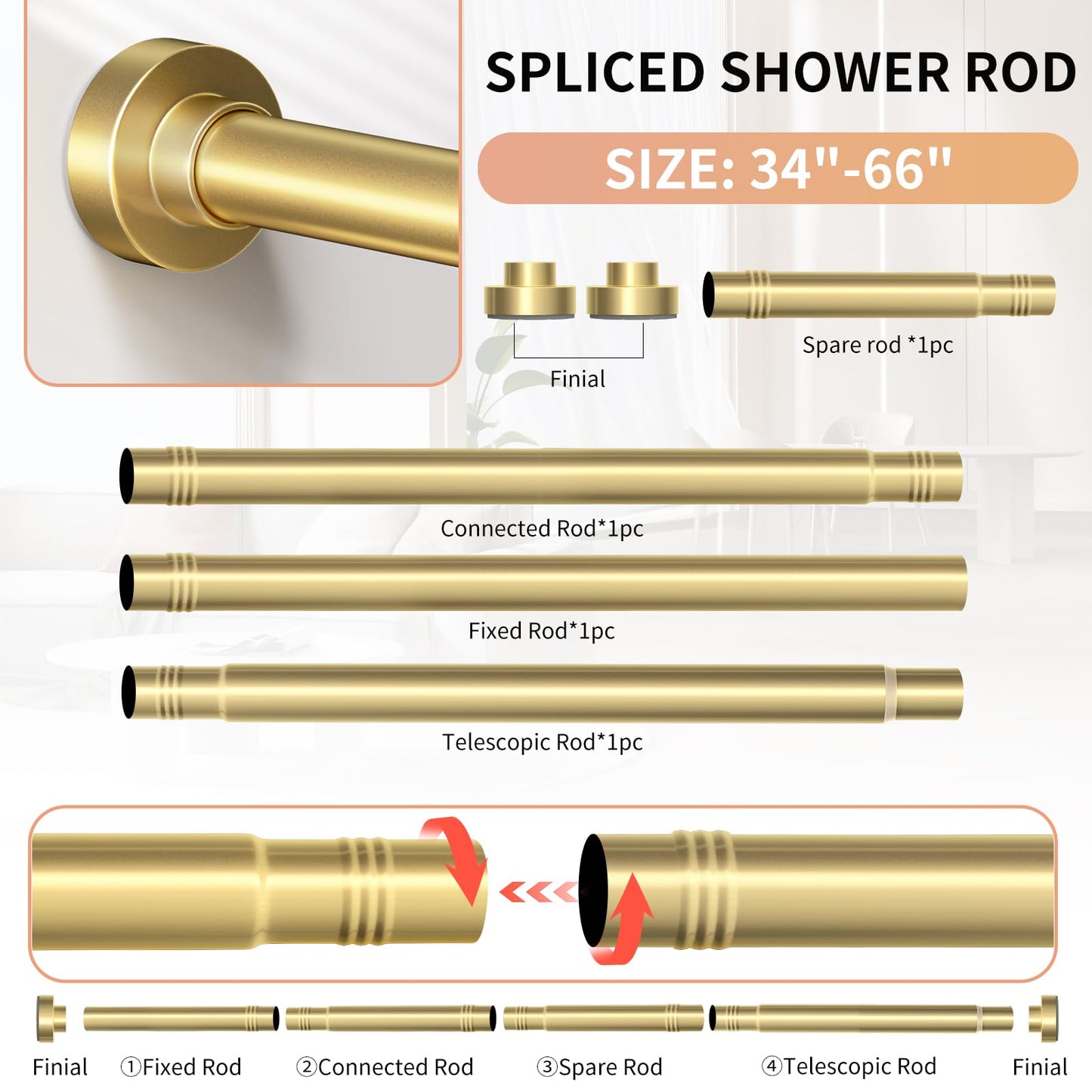 Emlaoe Gold Shower Curtain Rod 34-66 Inches(2.8-5.5ft) Never Rust Adjustable Shower Rod Spring Tension Non Slip No Drilling Shower Rods for Bathroom Garland Window