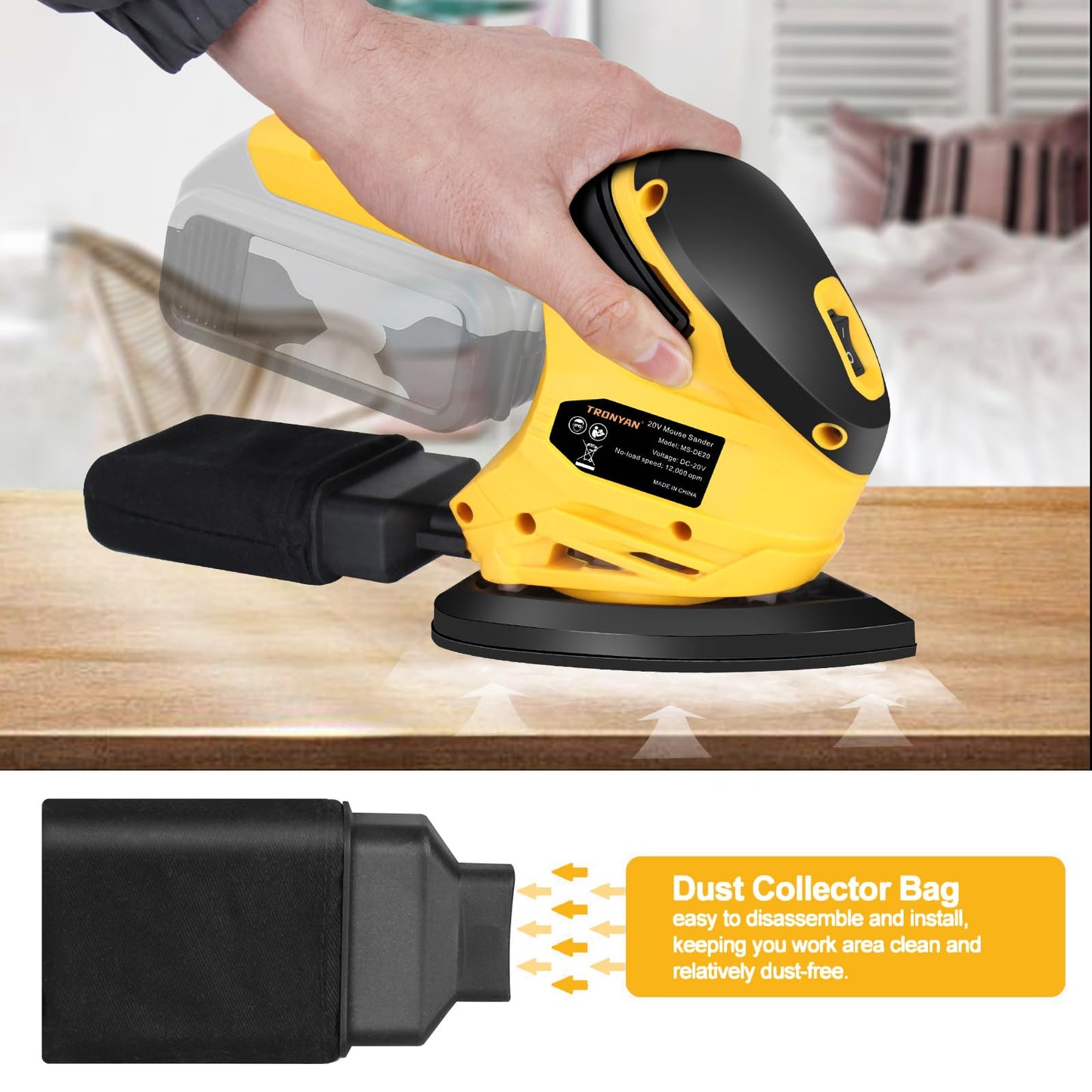 Cordless Detail Sander Compatible with DeWalt 20V Max Battery (Tool Only), 12,000 OPM, 10Pcs Sandpapers, Dust Bag for Woodworking, Tight Spaces Sanding, Polishing, Removing Paint