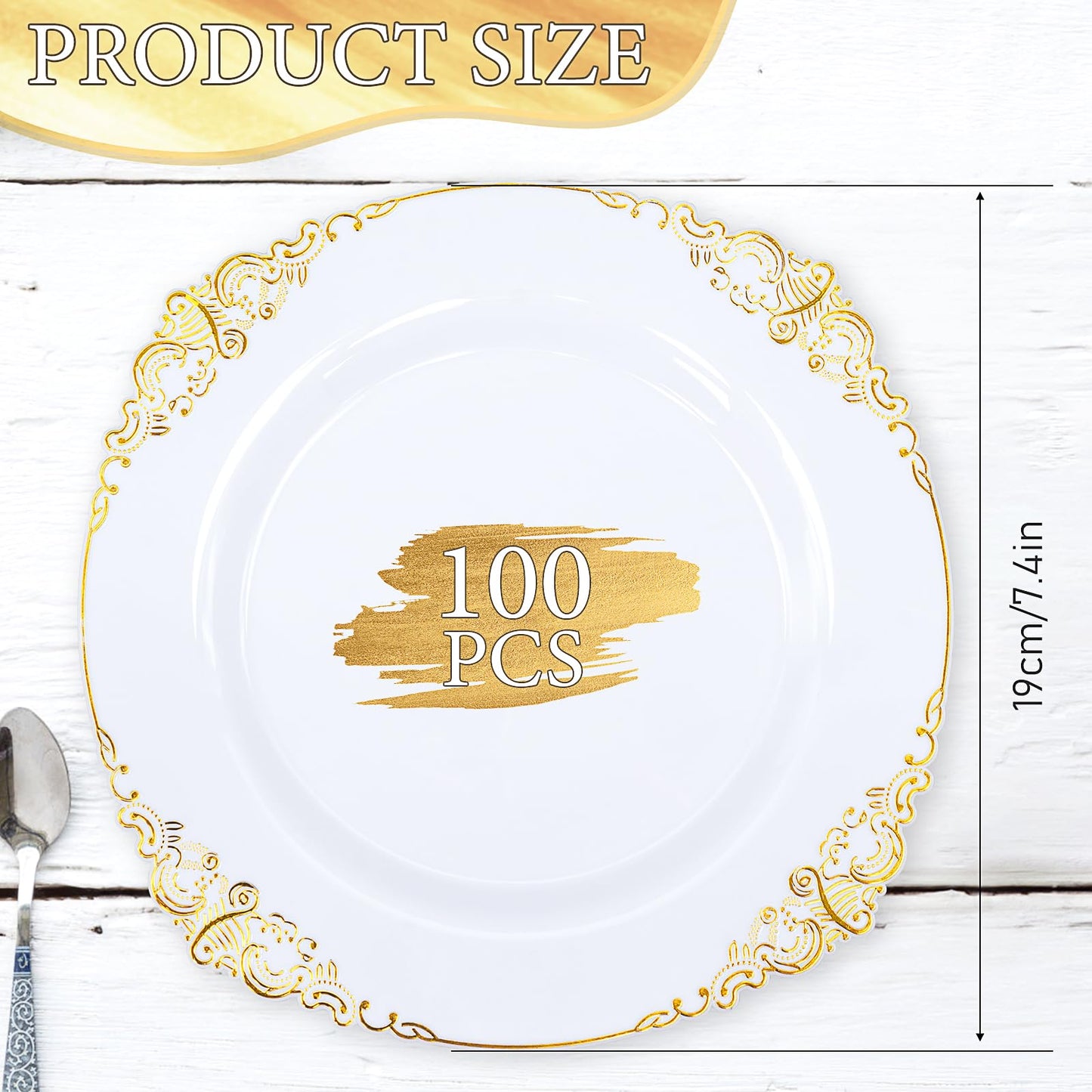 100 Pcs White Plastic Plates with Gold Rims, 7.5" Round Plastic Dessert Plates, Elegant Salad Plates for Cakes, Appetizers, Desserts, Snacks, Fruits, Gathering Supplies