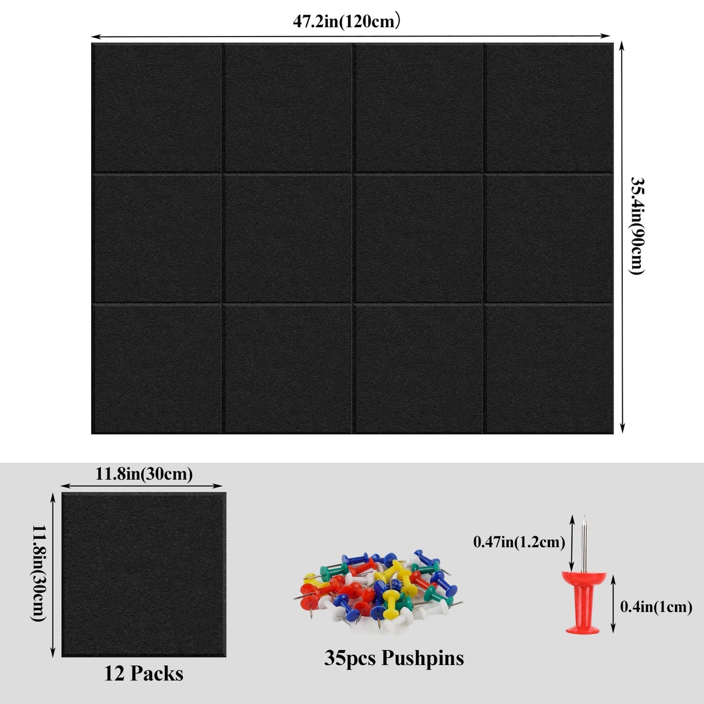 Large Cork Board for Walls, 12 Packs Black Felt Wall Tiles with 35 Pushpins, 48" X 36" Large Bulletin Board, Removable Cork Board Alternative for Home School Office Wall Decor (Black, Square-12pcs)