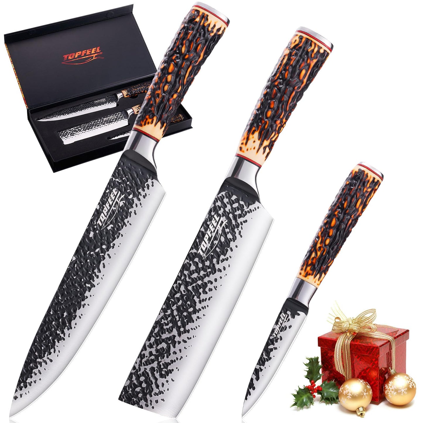 Topfeel Kitchen Knife Set, 3 PCS Japanese Chef Knife Set, Hand Forged High Carbon Stainless Steel Knives Sets，Ultra Sharp Professional Chef Knives Sets with Unique Antler-Like Handle