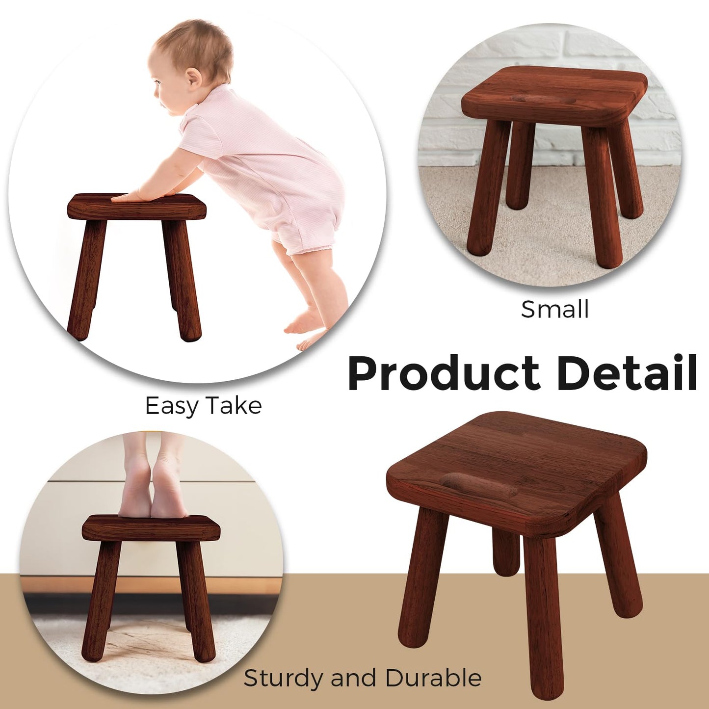 SEEMINES Small Wooden Step Stool,100% Solid Wood Stool with Non-Slip,300lb Load-Bearing Square Step Stool for Bathroom Kitchen Bedroom Living Room Plant Stools (Walnut Color)