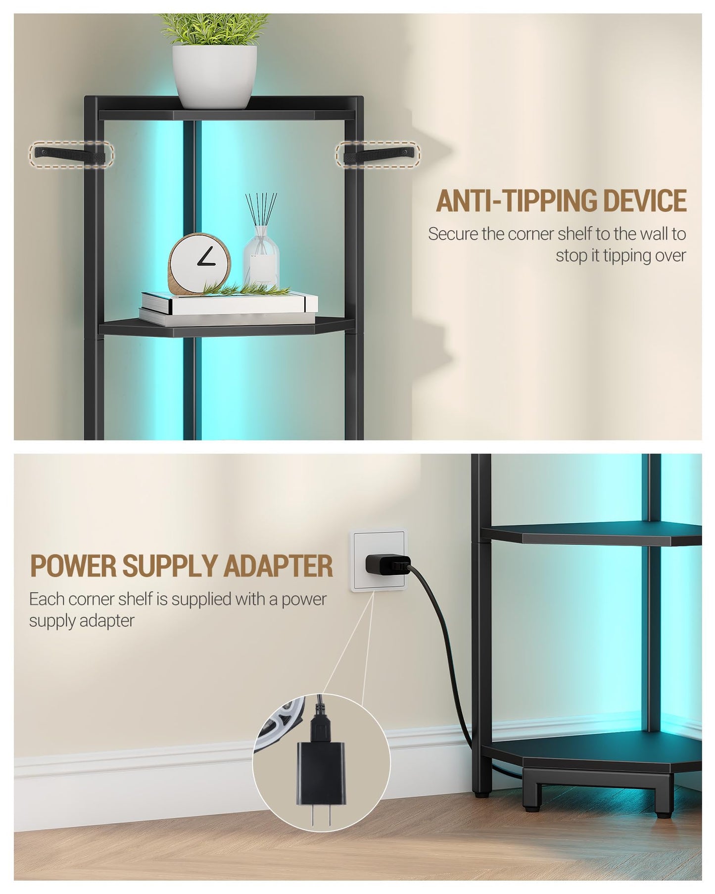 Hzuaneri Corner Shelf with LED Light, 6-Tier Corner Bookshelf, Tall Narrow Display Bookcase with Metal Frame, Standing Shelf for Small Space, Living Room, Home Office, Bedroom, Black CS66606B