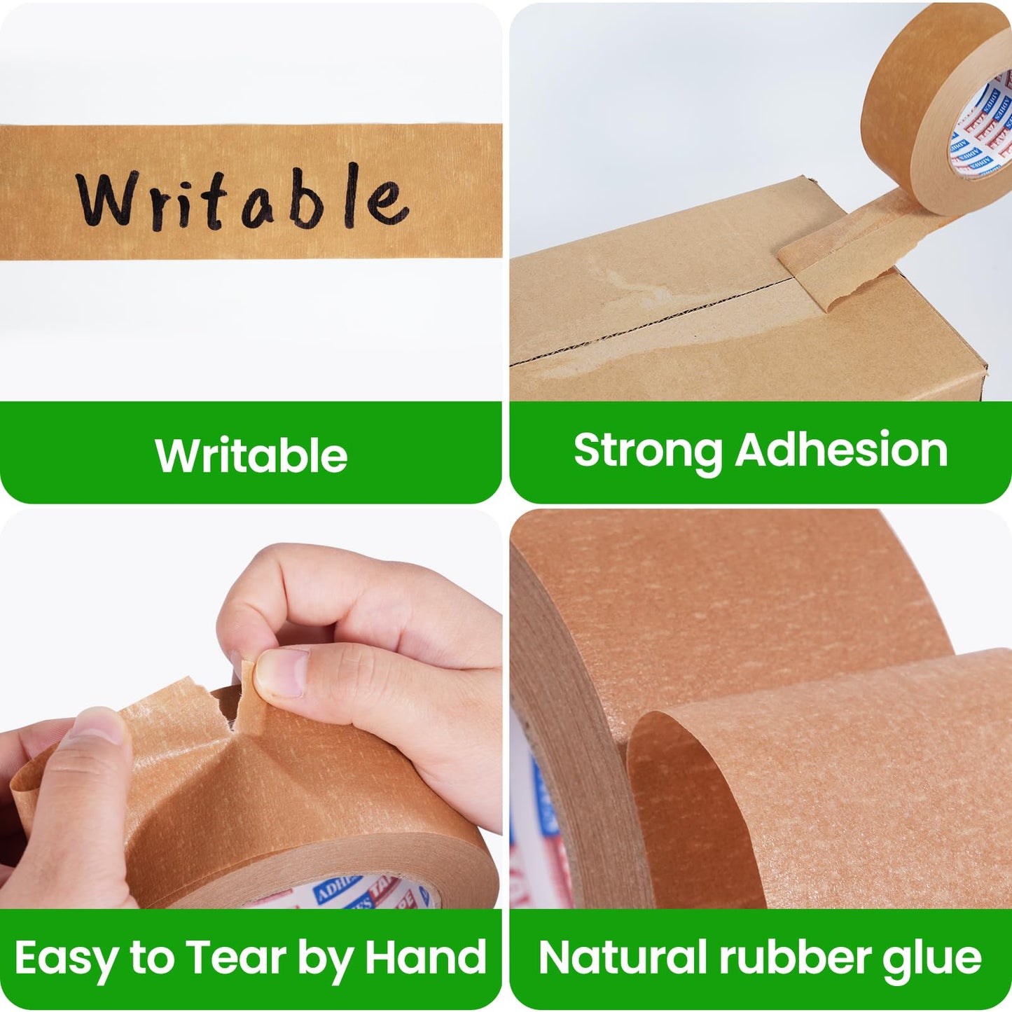 ADHES Biodegradable Kraft Paper Tape, Eco Friendly & Writable & Uncoated Paper Packing Tape Brown Packing Tape for Masking, Sealing, and Packaging Use, 2 inch x 55 Yards, 6 Rolls