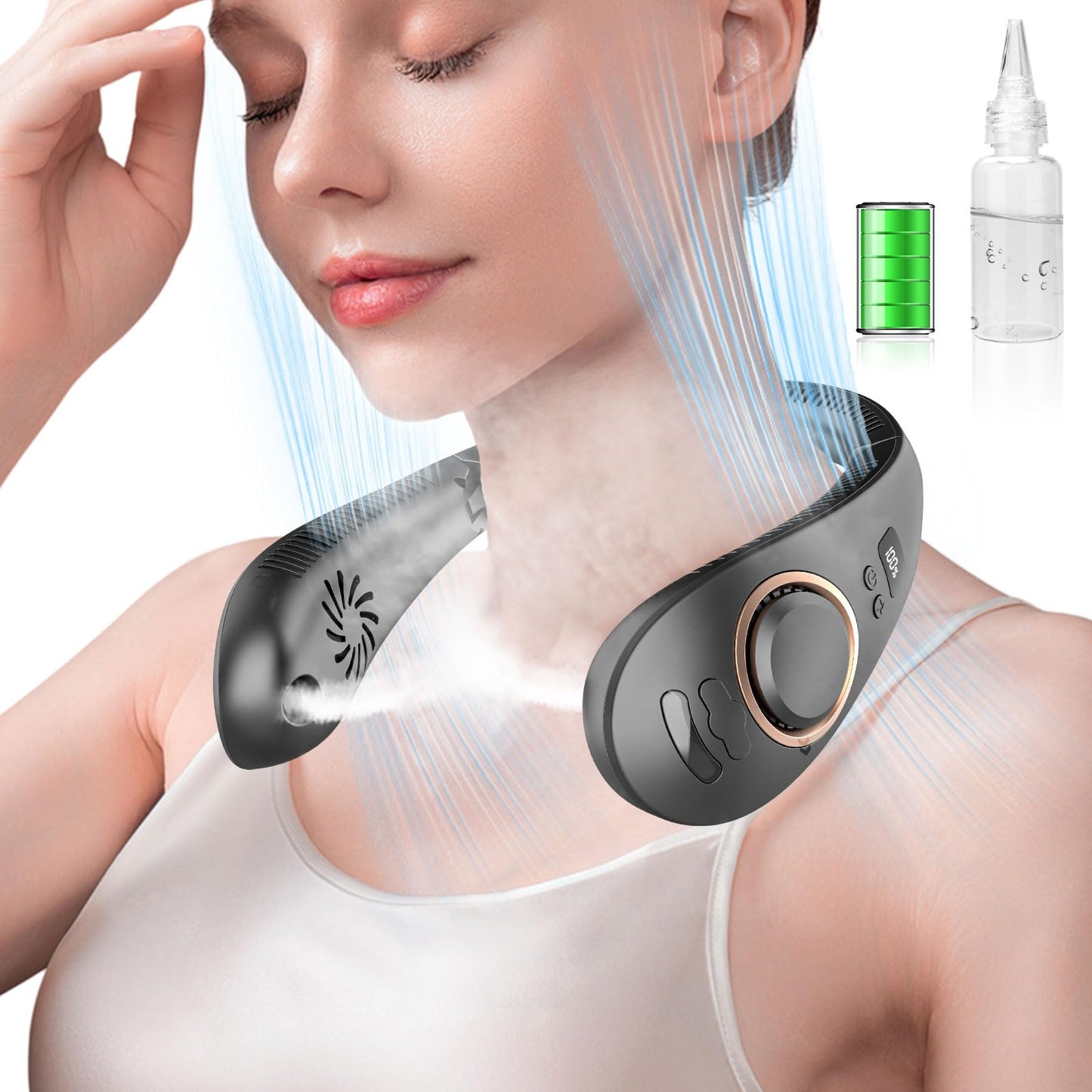 Portable Neck Fan with Mist,Personal Air Cooling Neck Fans that Cool Like Air Conditioners, Foldable Misting Fan Battery Powered,Quiet Cold Neck Cooler Fans Wearable Hands Free for Travel Black