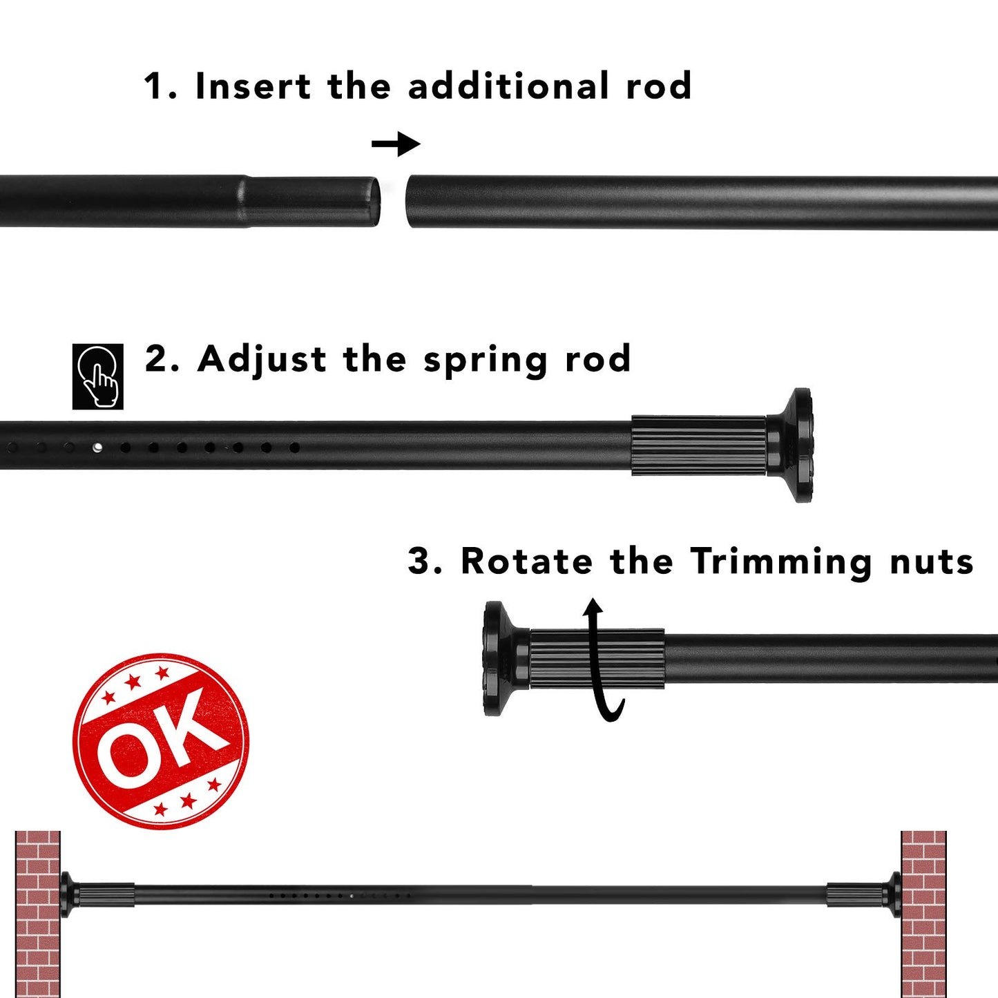 Tension Curtain Rod, 51-126 Inch,Spring Closet Rod, for Windows or Shower, Easy to Install, No Drilling, No Rust, for Bathroom, Rod Diameter 1.26 Inches, Black,Umimile