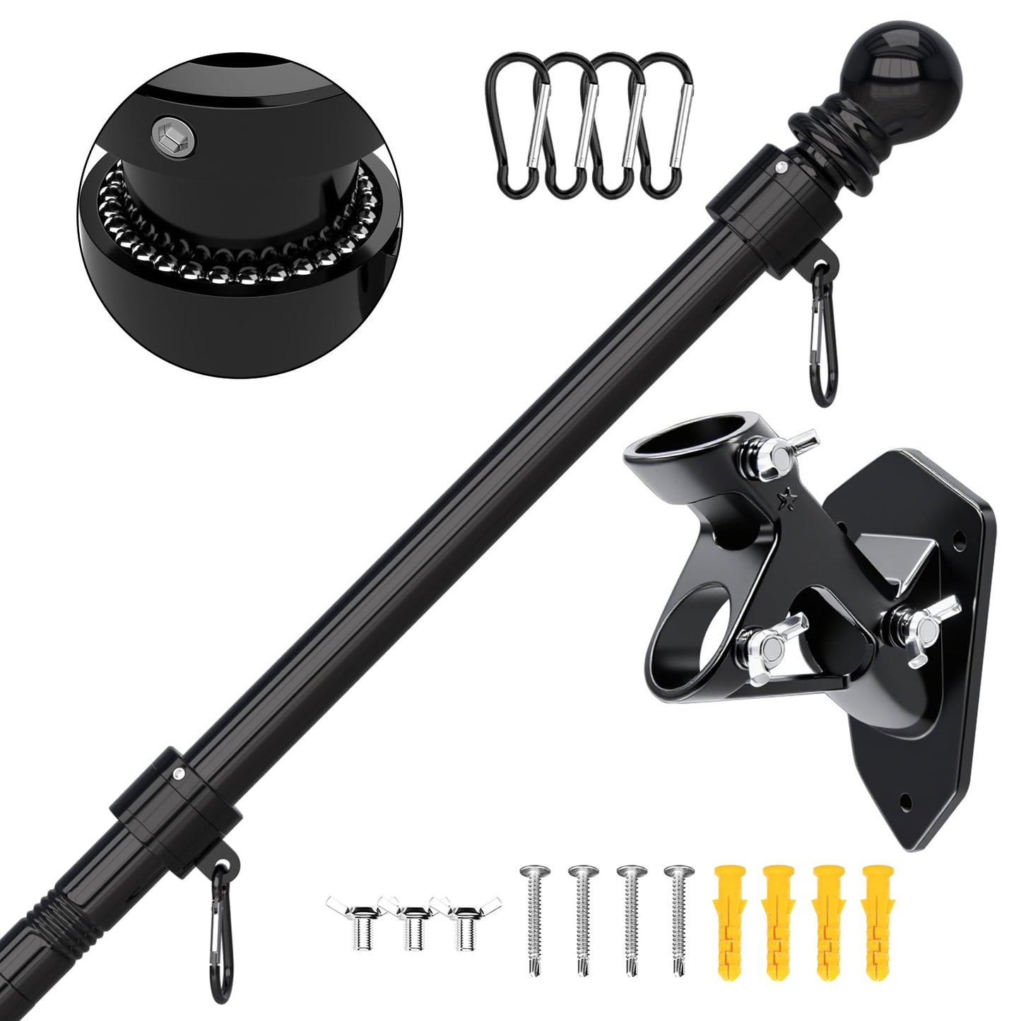 Flag Pole - Tangle Free Flagpole with Upgraded Bracket, 5 FT Stainless Steel Flag Poles for Outside House, Residential or Commerical - Flag Pole Kit for Proud American Flag (Without Flag, Black)…