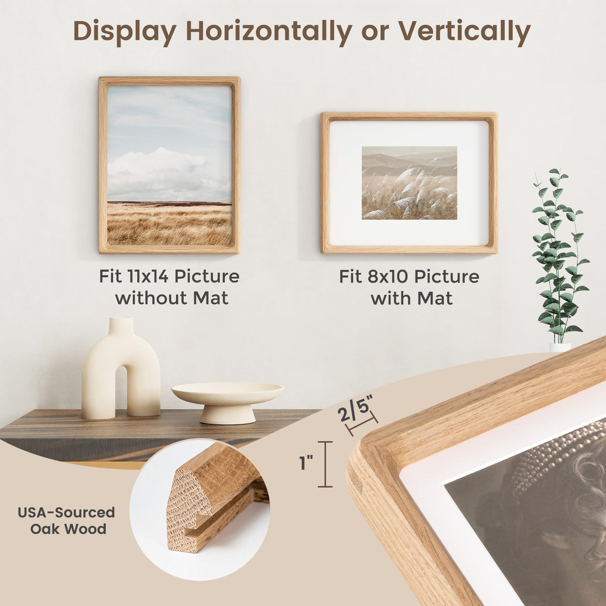 11x14 Picture Frame, USA-Sourced Oak Wood Photo Frames with HD Tempered Glass, Handcrafted Rounded Corner 11 x 14 Wooden Frames Matted to 8x10 Photos, 11x14 Frame, Horizontal or Vertical Wall Display