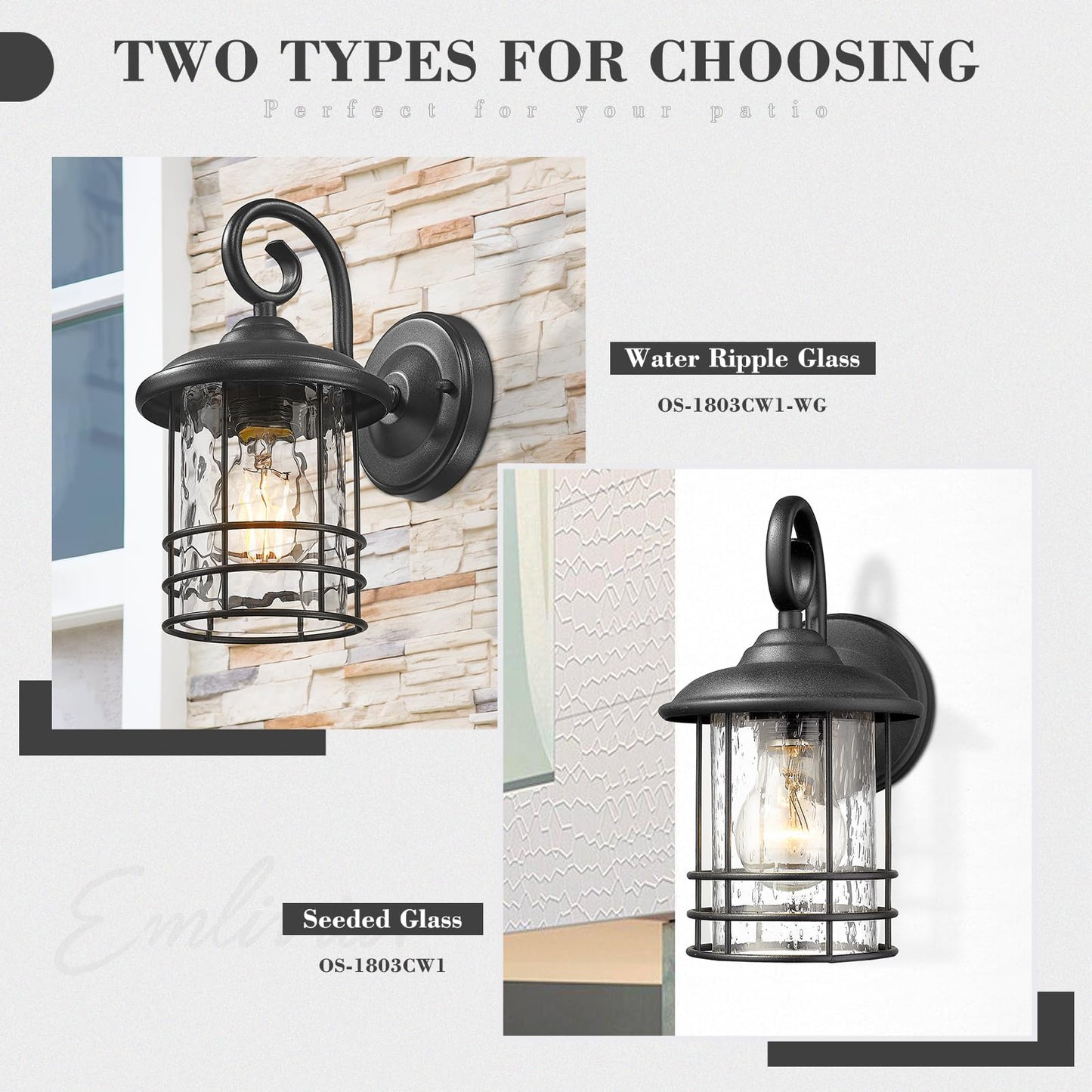 Emliviar 1-Light Outdoor Wall Lantern 2 Pack, Exterior Wall Lamp Light in Black Finish with Clear Seeded Glass -Twin Pack, OS-1803CW1