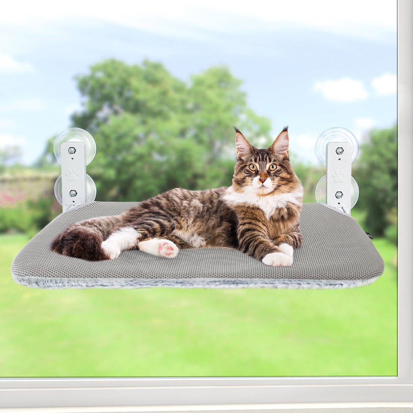 Sunhoo Cat Window Hammock Perch Cordless Seat Windowsill Ledge Sofa Bed Foldable Shelves with Sturdy Suction Cup for Large Cats Pet Kitten Hold Up to 55lbs Reversible Mat Lit Pour Chat