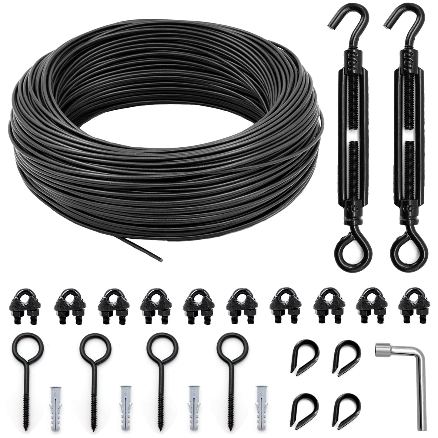 hannger String Light Hanging Kit Outdoor, Globe String Lights Suspension Kit, 50FT 3/16 Black PVC Coated Steel Cable w/ M6 Turnbuckle Tensioner Kit, Guide Wire for Outdoor/Patio/Camping String Light