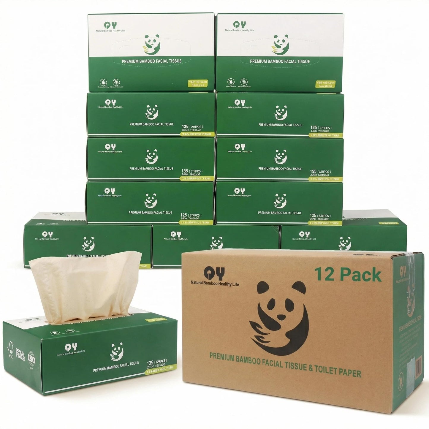 Premium Bamboo Facial Tissues Box - 12 Packs, Ultra Soft, Natural Unbleached, Tree-Free & Eco-Friendly,135 Tissues per Box (1620 Total Tissues)