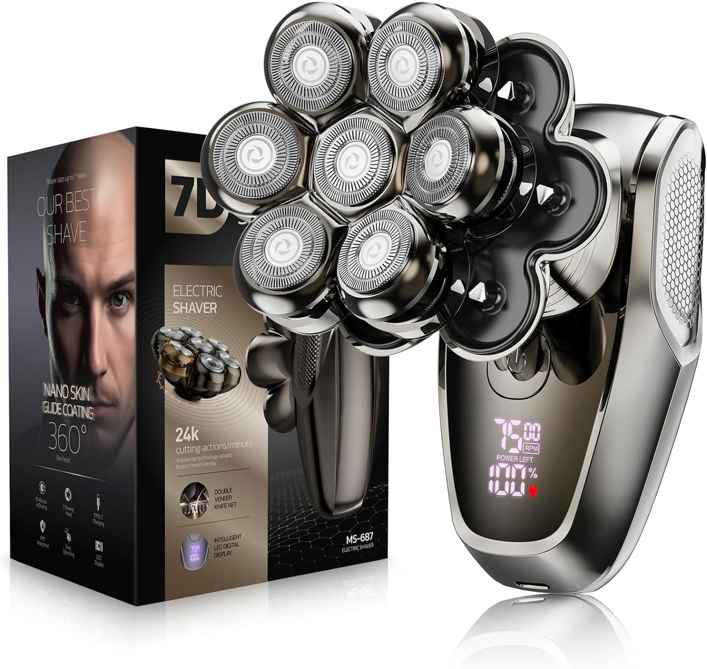 7D Head Shavers for Bald Men, SHPAVVER Detachable Head Shaver LED Display Dry Wet Bald Head Razor, IPX7 Waterproof Head Shavers with Type-C Charge