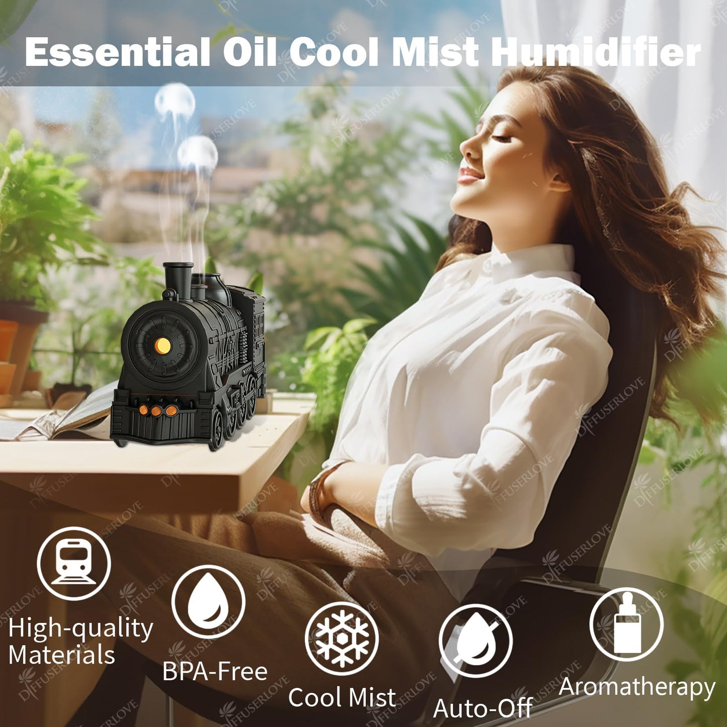 Diffuserlove Essential Oil Diffuser 300ML Train Cool Mist Humidifier Quiet Aromatherapy Diffuser with Night Light for Bedroom Desk