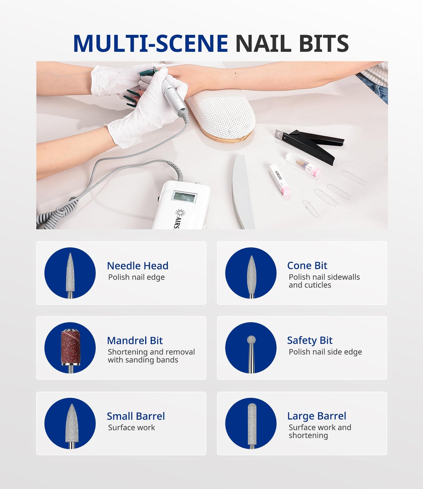 AIRSEE Rechargeable 30000RPM Electric Nail Drill Professional Portable E File Machine for Acrylic Nails Natural Extension Gel Nails Polish Cuticle, Cordless High Speed for Salon Use or Home DIY White