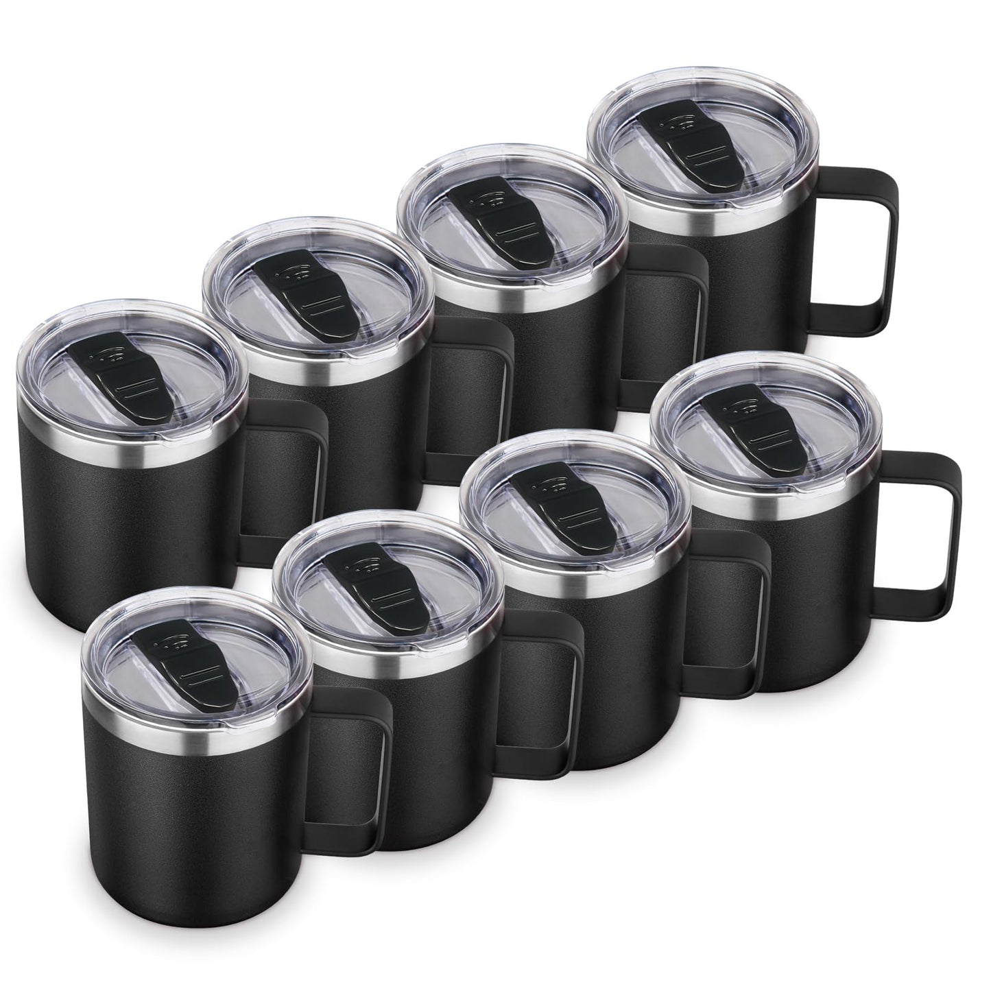 Volhoply 14oz Insulated Stainless Steel Coffee Mug with Lid Bulk 8 Pack,Double Wall Vacuum Travel Coffee Cup with Handle,Reusable Metal Cups Tumbler,Camping Mugs Keep Hot/Cold(Black,8)