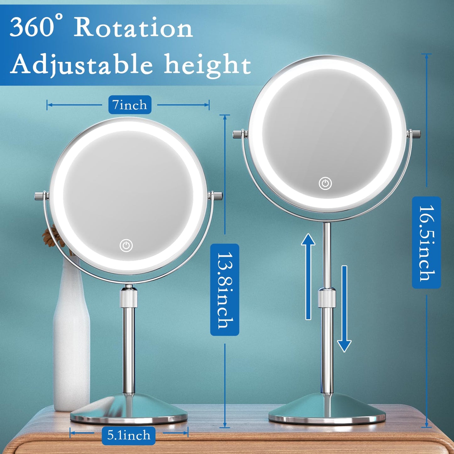 Vanity Mirror with 7" 1x/10x Makeup Mirror Adjustable Height Double Sided Mirror with 360°Rotating Makeup Mirror with Magnifying Mirror with Mirror