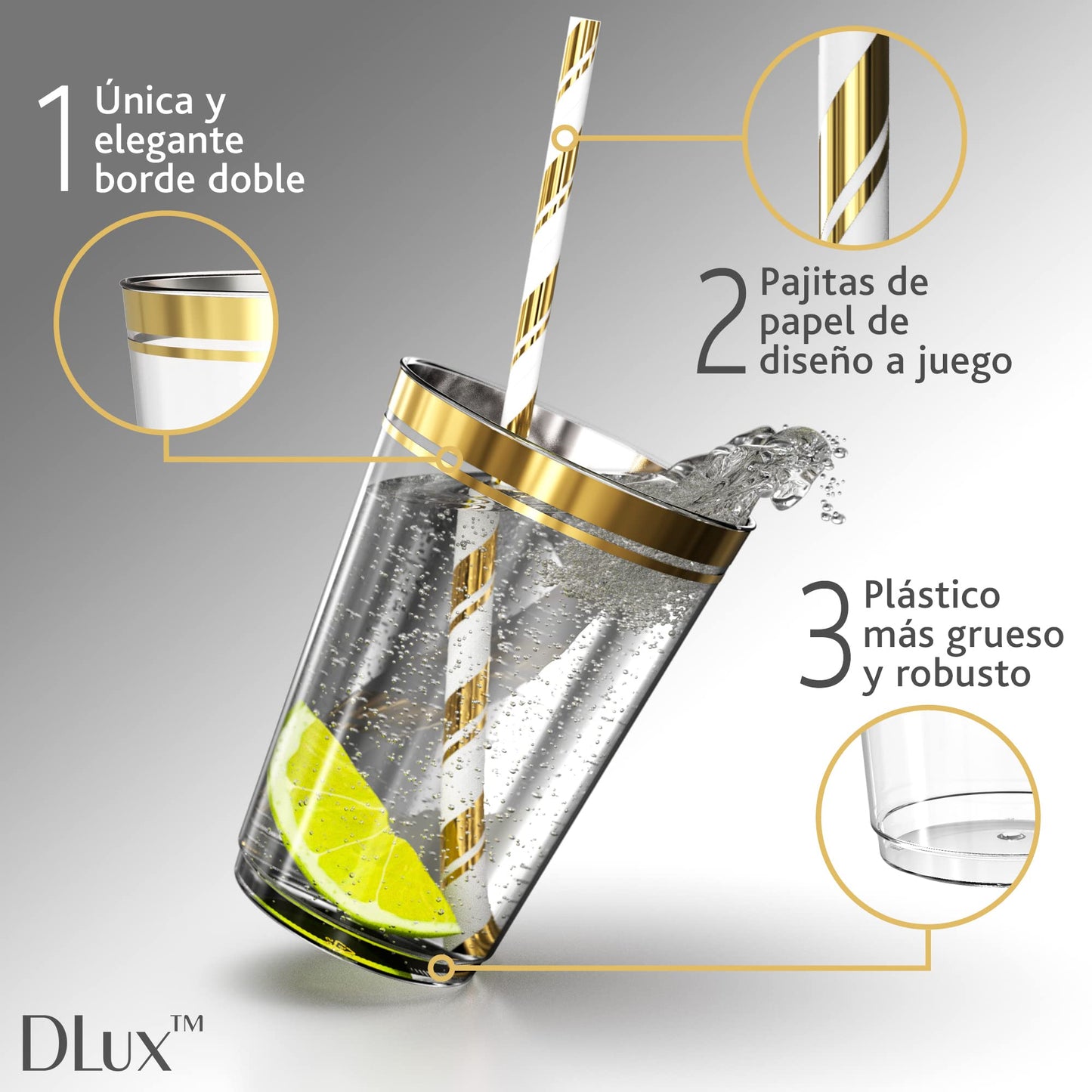 12 oz Gold Rim Plastic Cups with Eco-Friendly Paper Straws - 100 Elegant Clear Rimmed Cocktail & Dessert Tumblers for Weddings & Special Events - Reusable - with Drinks Recipe eBook