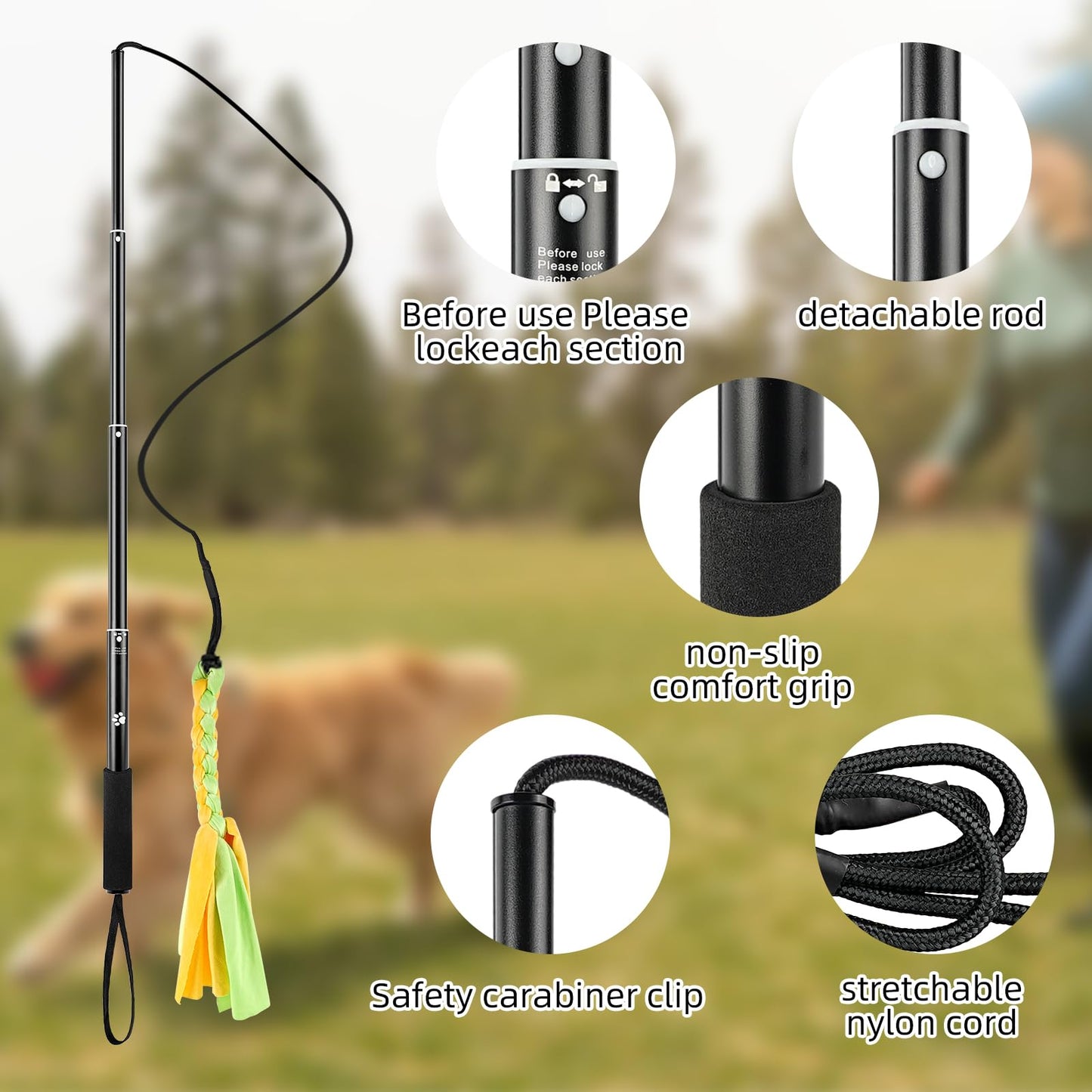 COM4SPORT Flirt Pole for Dogs, Extendable Dog Flirt Pole with Detachable Interactive Toys Teaser Wand with Lure Chewing Toy for Outdoor Exercise & Training Interactive Toys Heavy Duty Dog Toy