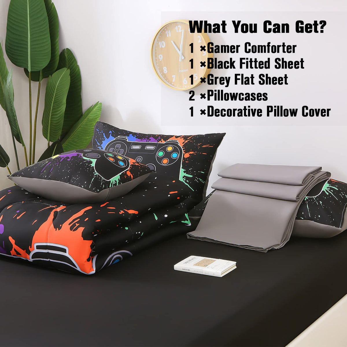 JQinHome Full Gamer Comforter Sets for Boys, 6 Piece Bed in A Bag 3D Video Game Bedding -All Season Soft Microfiber Gamer Bedding Sets, with Pillowcases, Flat Sheet, Fitted Sheet, Cushion Cover