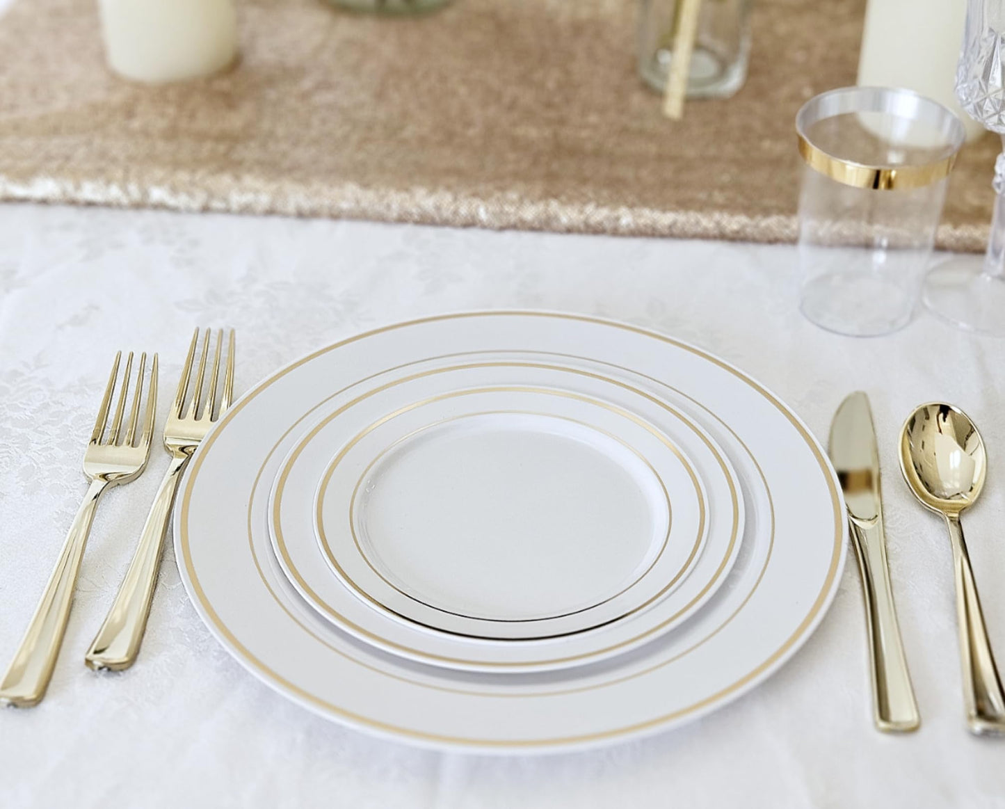 OCCASIONS 50 Plates Pack (25 Guests)-Heavyweight Wedding Party Disposable Plastic Plate Set -25 x 10.5 inch Dinner + 25 x 7.5 inch Salad/Dessert plates (White & Gold Rim)