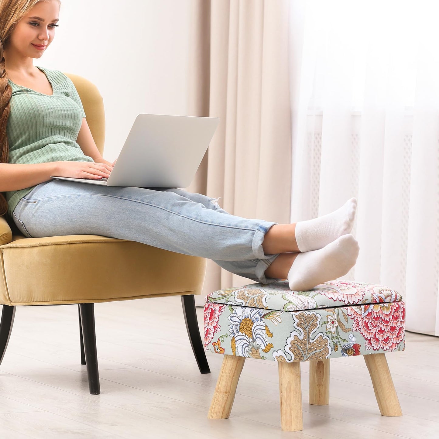 Square Ottoman with Storage Versatile Foot Stool Ottoman Boho Foot Rest with Wood Legs Small Footstools and Ottomans for Living Room and Entryway