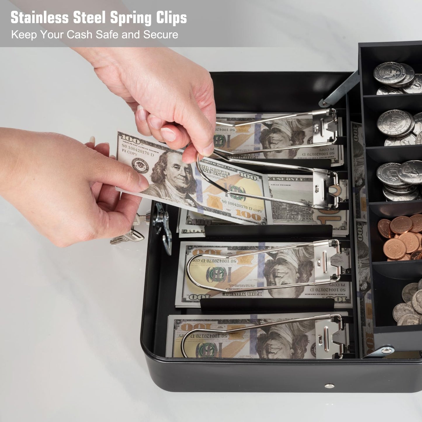 Cash Box with Lock and Money Tray Metal Money Box for Cash Register Large Cash Safe Box Tiered 11.8 x 9.4 x 3.54 Inches Black