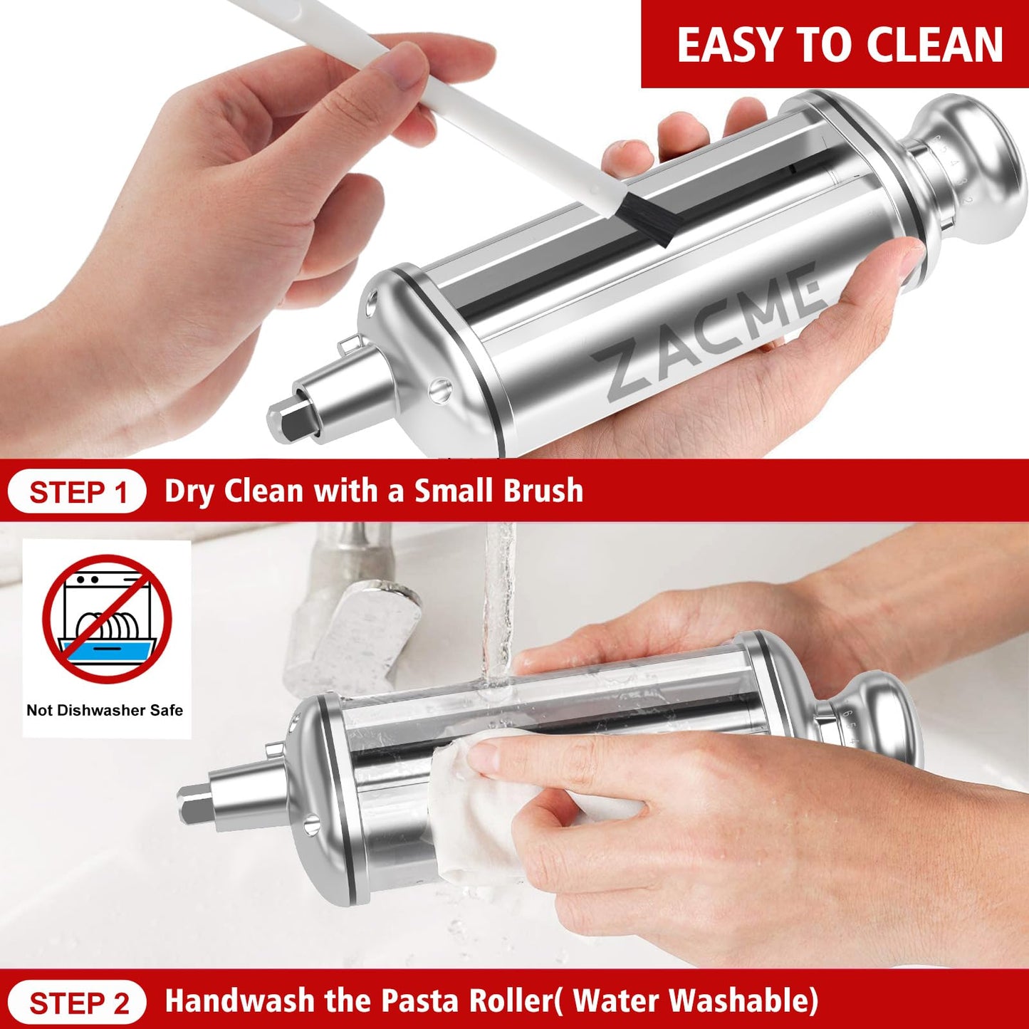 ZACME 1 Pack Pasta Roller Maker Attachment for All KitchenAid Stand Mixer and Cuisinart, Stainless Steel Pasta Attachment with 8 Adjustable Thickness knob