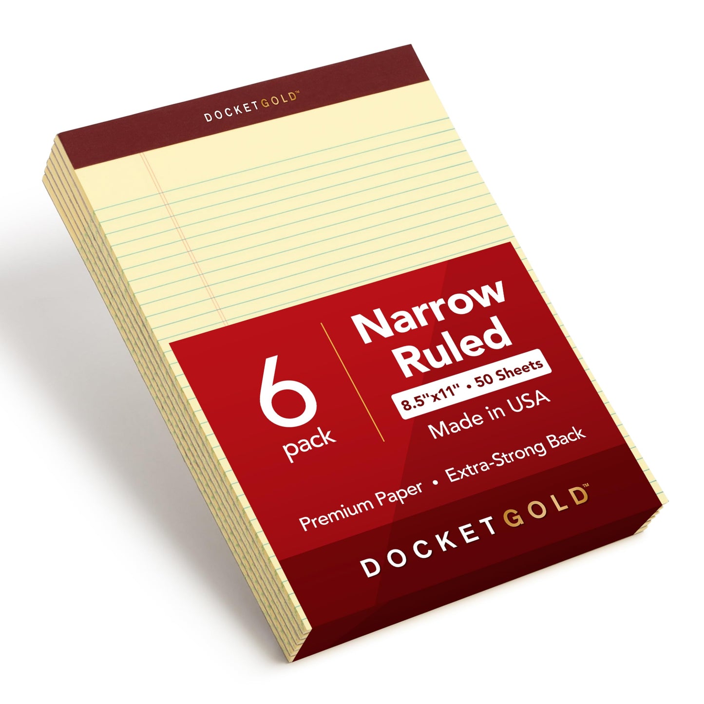 TOPS Docket Gold Writing Tablet, 8-1/2 x 11-3/4 Inches, Perforated, Canary, Narrow Rule, 50 Sheets per Pad, 6 Pads per Pack (63941)