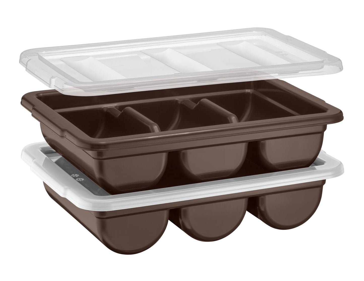 2 Pack - Cutlery Bin with Lid, Commercial 3-Compartment Flatware Tray with Cover, Large Silverware Divided Storage Plastic Container, Restaurant Condiments Holder, Covered Utensil Organizer Box, Brown