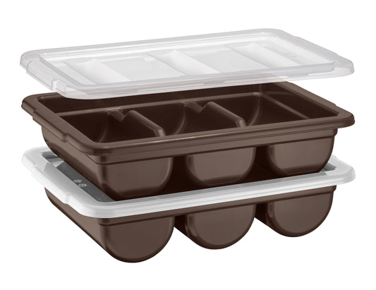 2 Pack - Cutlery Bin with Lid, Commercial 3-Compartment Flatware Tray with Cover, Large Silverware Divided Storage Plastic Container, Restaurant Condiments Holder, Covered Utensil Organizer Box, Brown