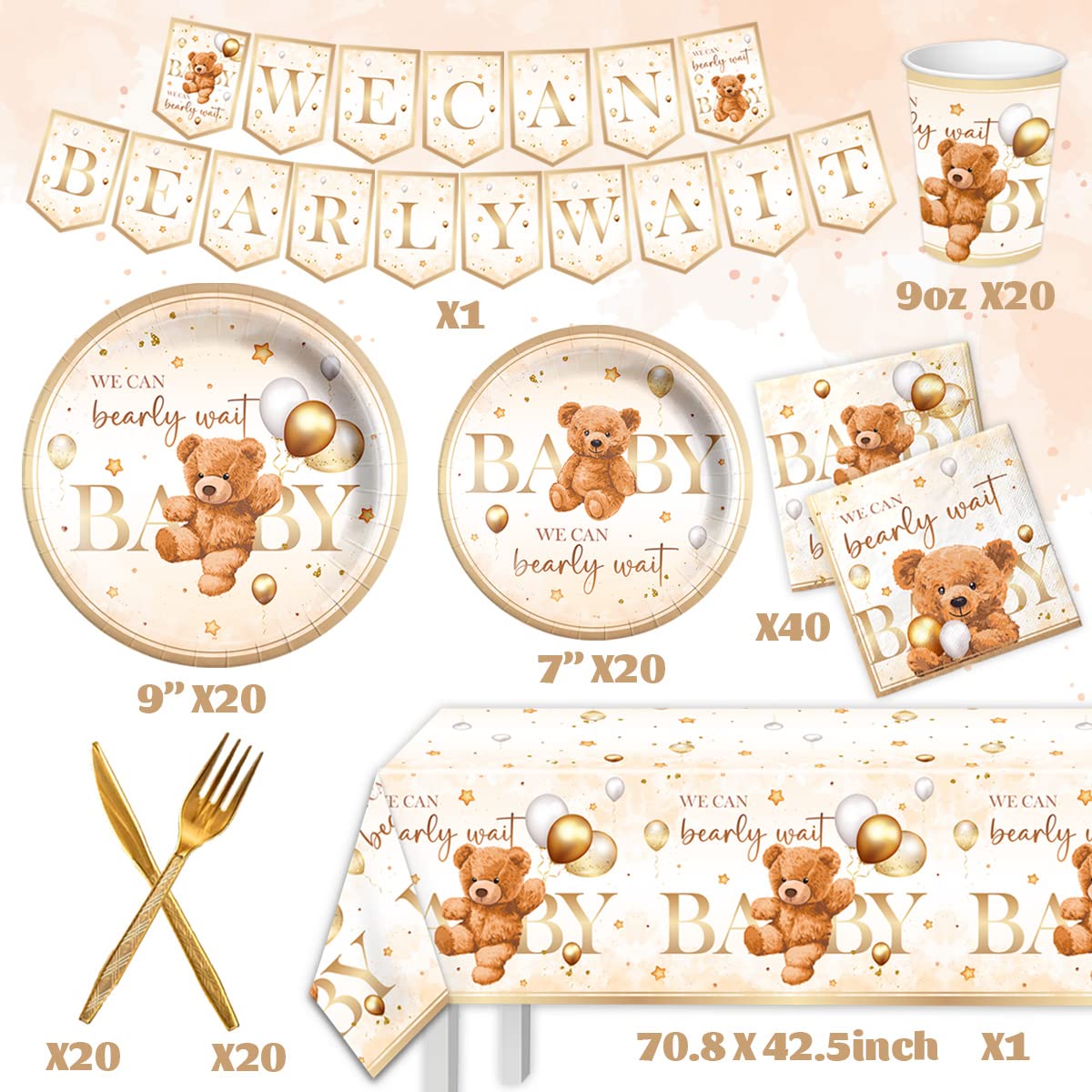 CMUSKO Teddy Bear Baby Shower Decorations - 142Pcs Brown Bear Theme Plates, Napkins, Tableware Set for 20 Guests